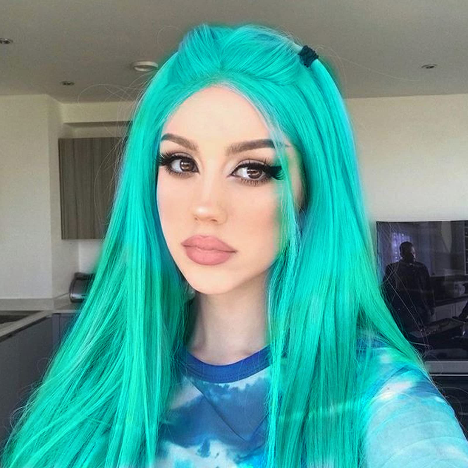 AFBeauty Green Wig Lace Front Straight Wig Long Mint Neon Ombre Dart Green Hair Wigs for Women Handmade Pre Plucked Hairline Glueless Synthetic Heat Resiatnt Fiber Hair Cosplay Drag Queen 24 Inches