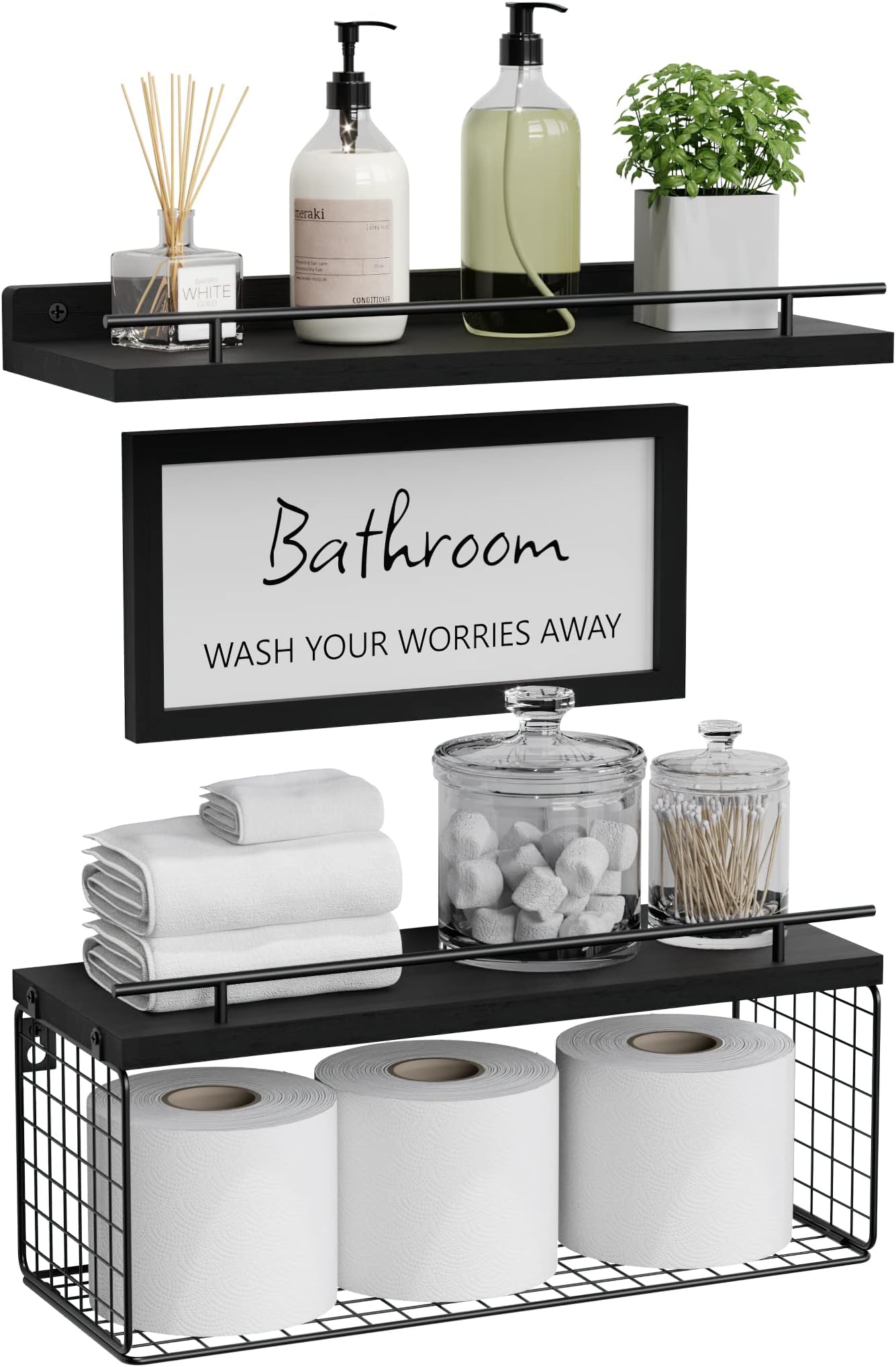 WOPITUES Floating Shelves for Wall Decor Sign, Bathroom Organizers and Storage, Bathroom Shelves Over Toilet with Metal Guardrail-Black