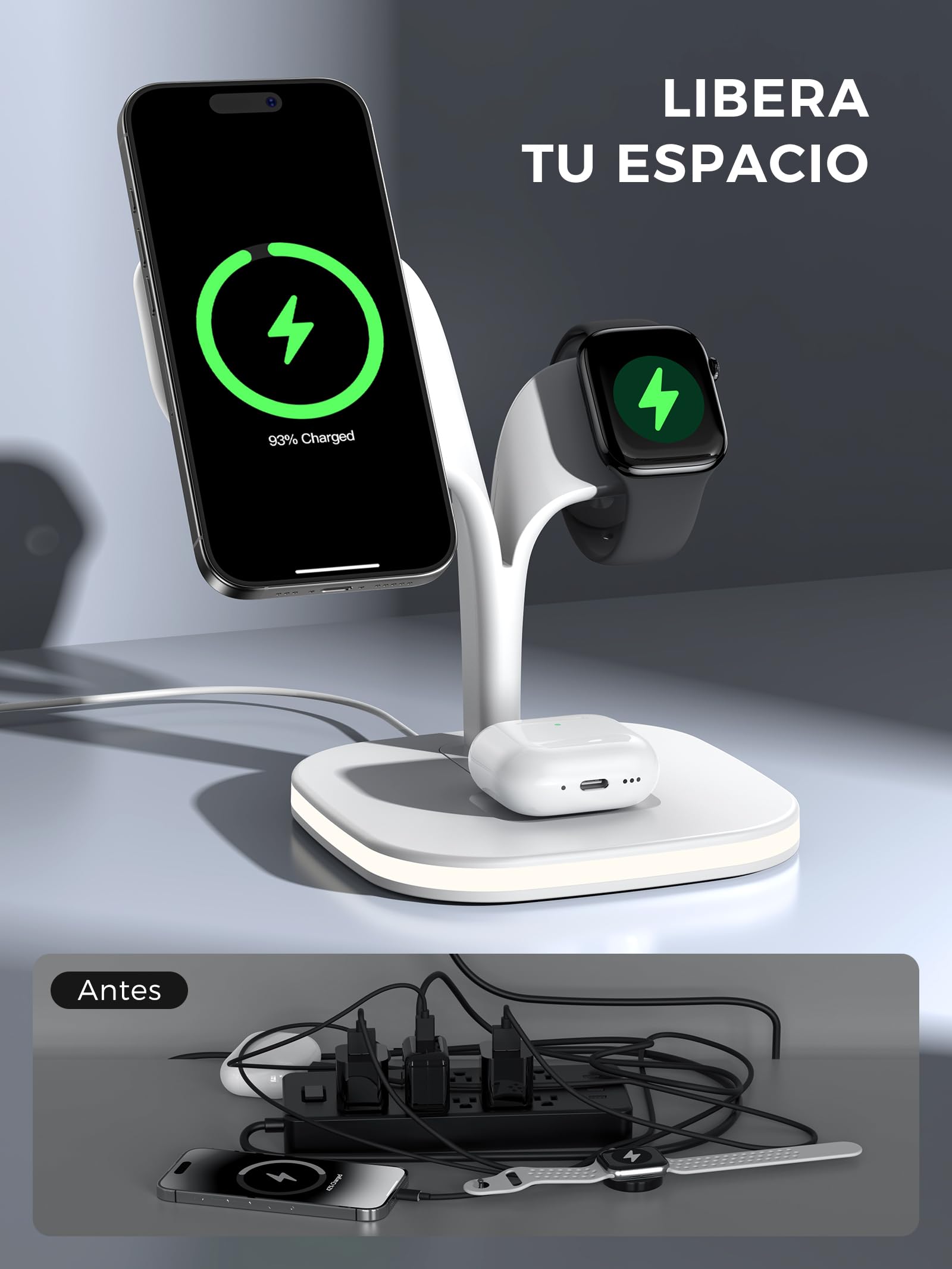 HJCE Estacion de Carga 3 en 1 para Apple MagSafe Cargador Inalámbrico para iPhone 17e Air 17 16 15 14 13 12 Series, para Apple Watch 11/10/9/8/7/6/5/4/3/2/SE/Ultra, para AirPods 3/2/Pro