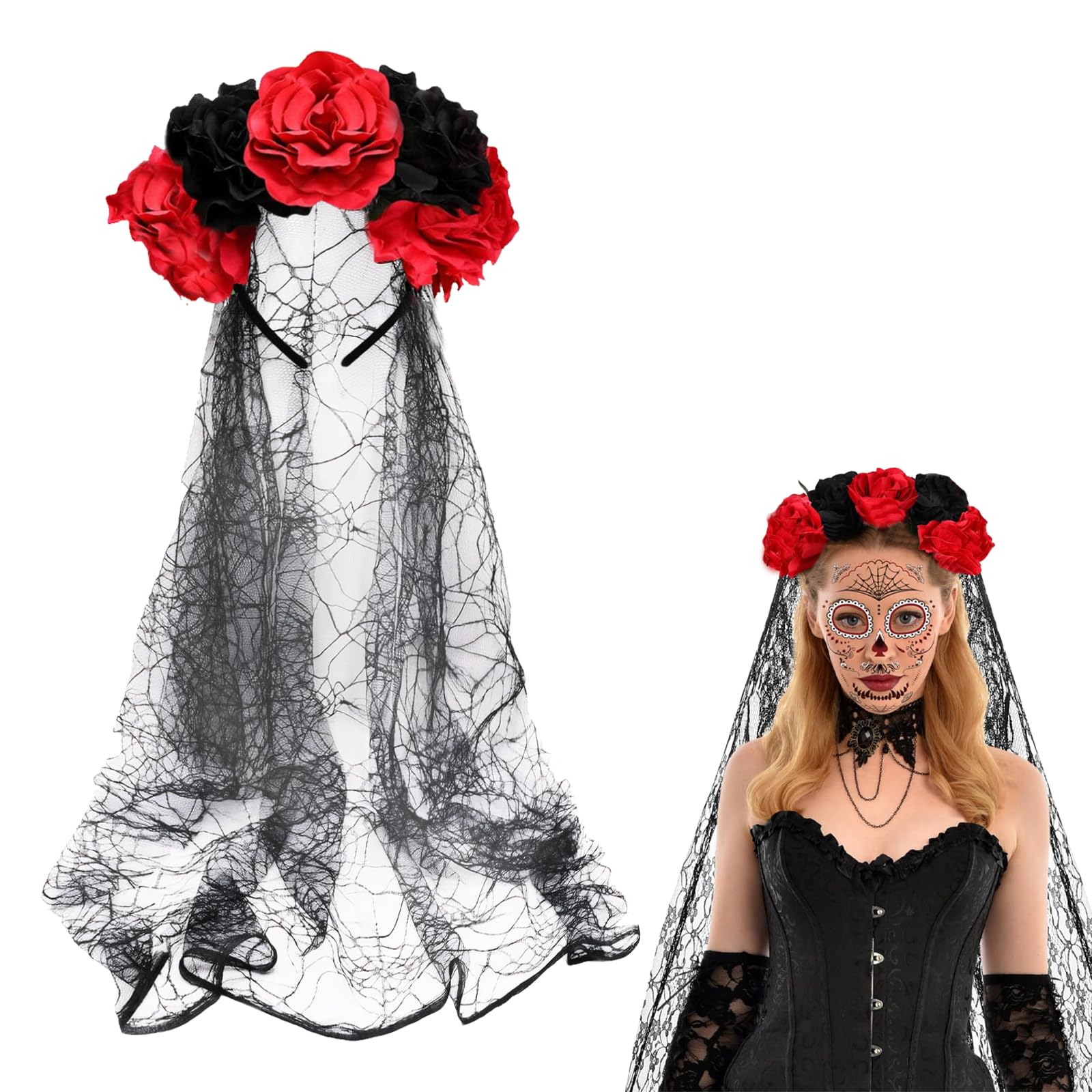 Costume Halloween Donna Con Cerchietto Velo E Guanti Pizzo - Set Gotico Elegante - Foto 9