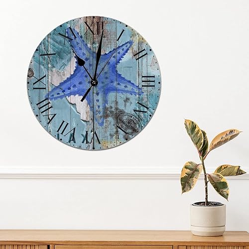 Miniatura 77 de ArogGeld Reloj de pared de PVC de mediados de siglo, concha, números de playa, estilo océano con números romanos de 10 pulgadas, funciona
