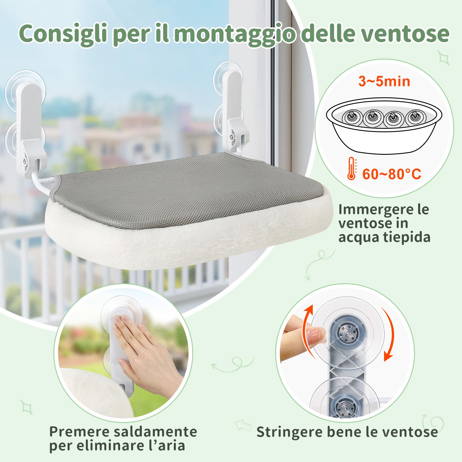 GUUSII HOME Amaca per Gatti da Finestra Letto Morbido e Confortevole per Gatti Trespolo e Mensola per Riposo Interno Facile da Installare Senza Forature Animali domestici (Bianco)