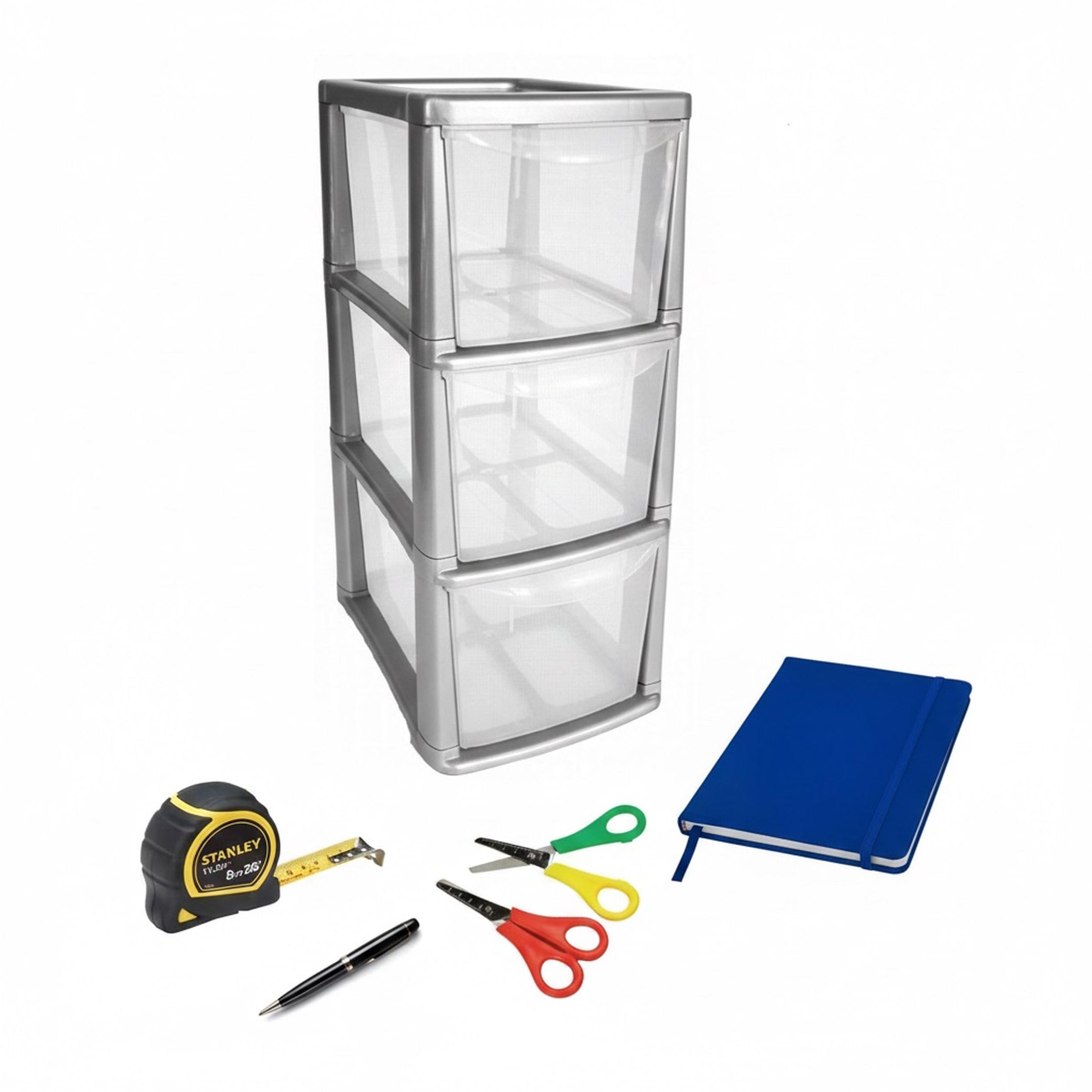 Medium Silver 3 Drawer Plastic Office Storage Unit - Desktop Stationery Organiser - 3 Tier Tower Storage Unit With Drawers - Storage For Home, Office, Toys, Crafts, Stationery, Cosmetics.