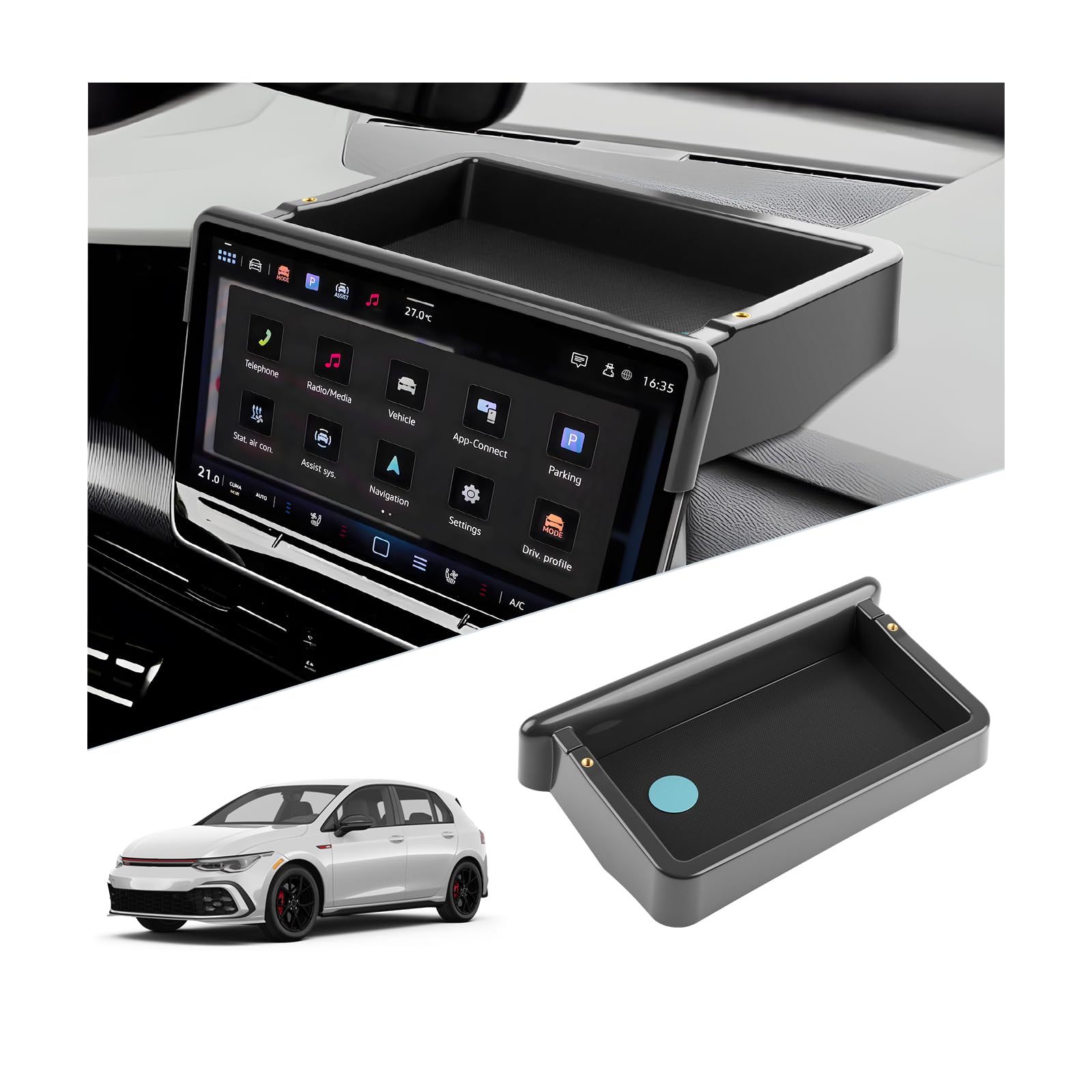 SKTU Organizzatore di Vassoio Dietro Lo Schermo Compatibile con VW Golf 8.5 2025+ | Scatola di stoccaggio della Console Centrale per Schermo Touchscreen di Navigazione 12.9" Accessori VW Golf 8.5