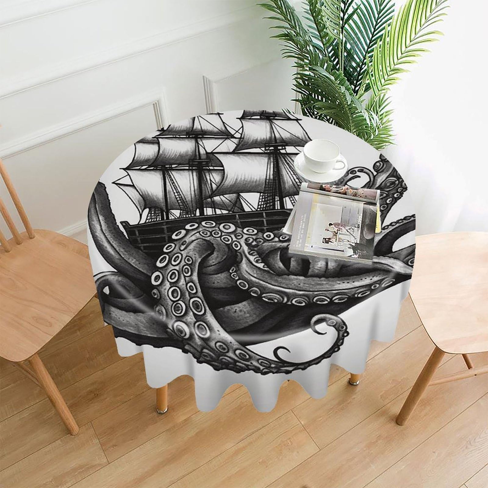 VstaDank Black and White Octopus and Ship Tablecloth Easy to Clean Polyester Round Table Cover Washable Round Table Cloth Wrinkle-Free Circle Decoration Tablecloth for Kitchen Dining Room 60"