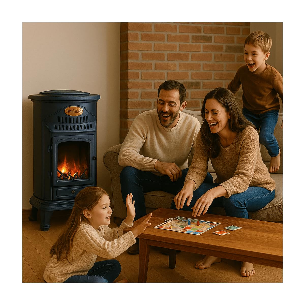 Sahara - Stufa a gas 3,4KW in ghisa vera – Riscaldamento supplementare Design Tradizionale Blu Zaffiro Opaco - Effetto fuoco di legna, mobile su ruote Provence