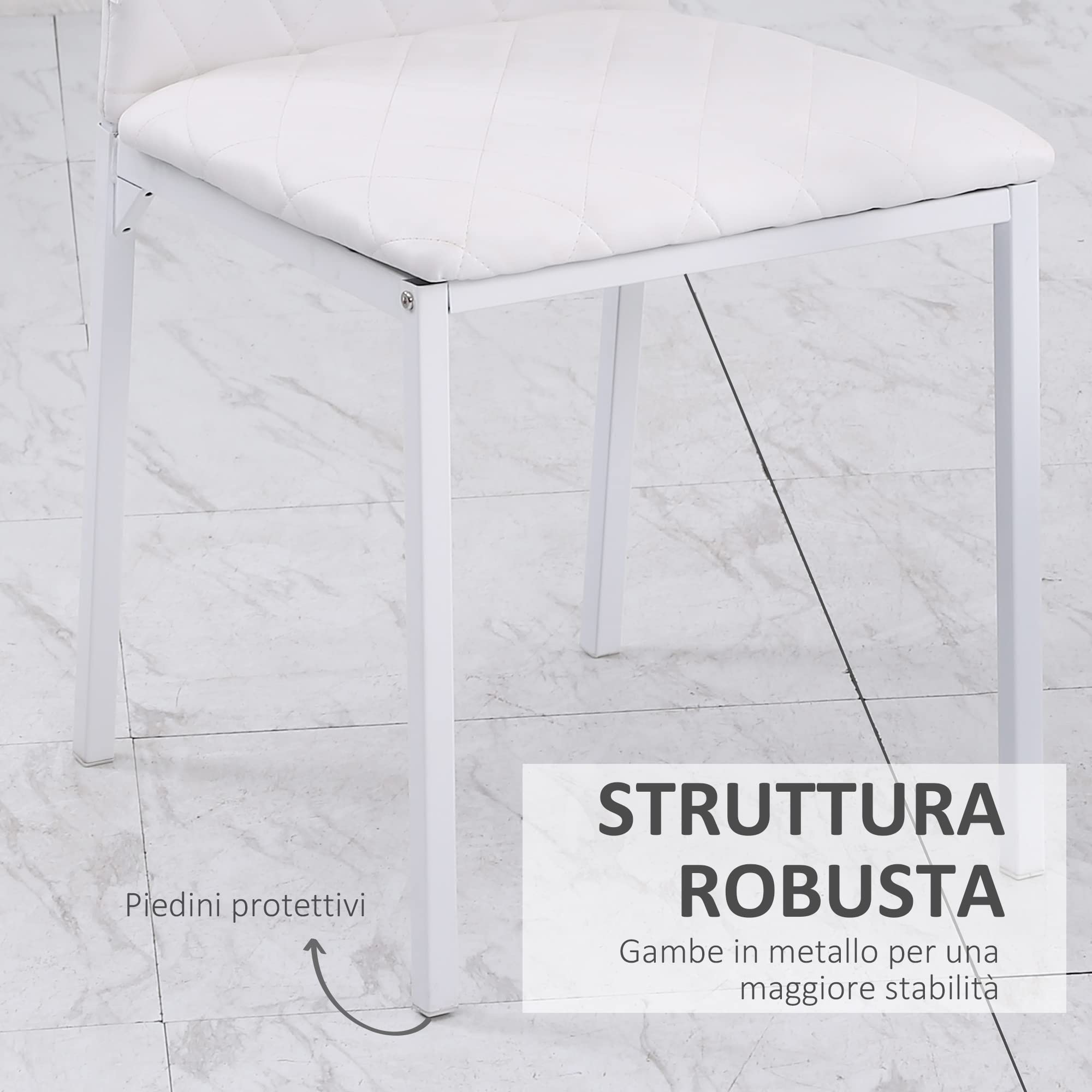 HOMCOM Set 4 Sedie per Soggiorno o Sala da Pranzo, Sedie Imbottite e Rivestite in Pelle PU Bianca, 41x50x91cm