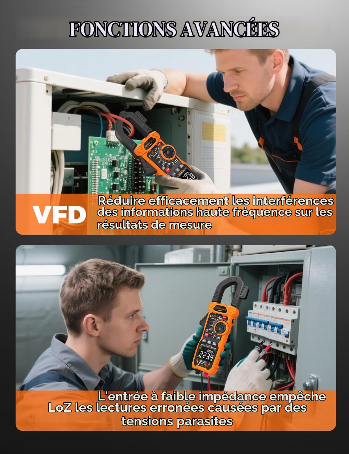 TRMS 6000 COUNTS Pince Ampèremétrique,POROMETISTO 1000A AC/DC CM02 | 1000V DC/750V AC,Mode VFD/LOZ,Multimetre Mesure AC/DC,Courant Tension,NCV,Fréquence,Température,Capacitance