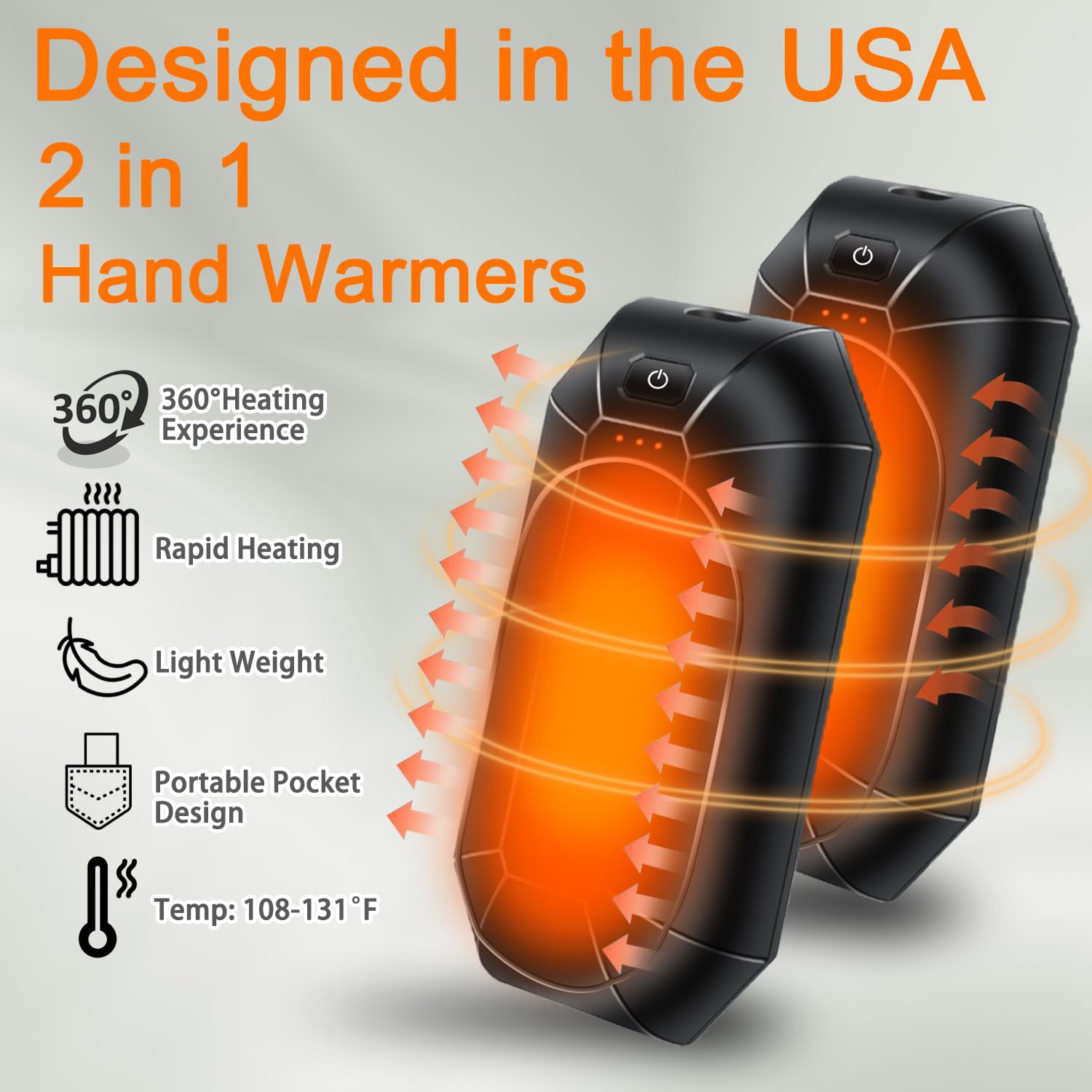 AI Hand Warmers 2-Pack, 2000mAh Each (Total 4000mAh) Rechargeable, Smart Chips Dual-Side Heating, Portable Pocket Heater, for Outdoor Sports Winter Activities & Pain Relief