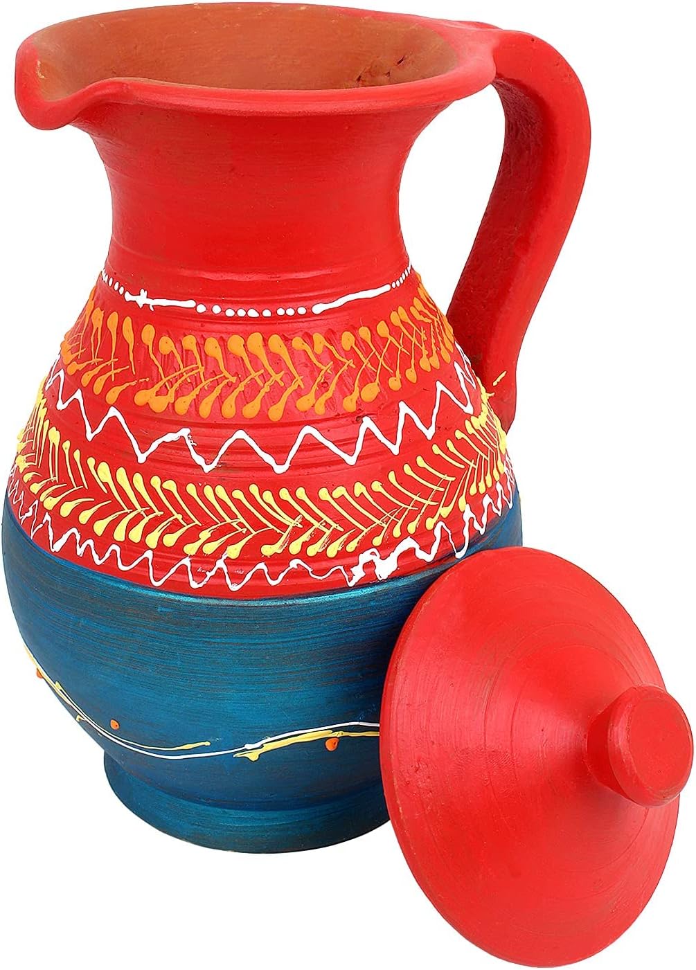KSI Clay Water Jug Terracotta Water Jug Mud Pot Pitcher Mitti Ka Jug for Drinking Water with Lid Natural Earthen Clay Handmade Printed Surahi (1.5 litres)
