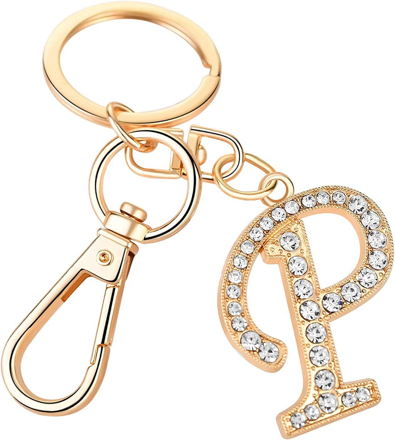 Rohans Womens Gold Plated Alloy Car Key Ring with Crystal Rhinestone Alphabet Initial Letter Keychain (P)