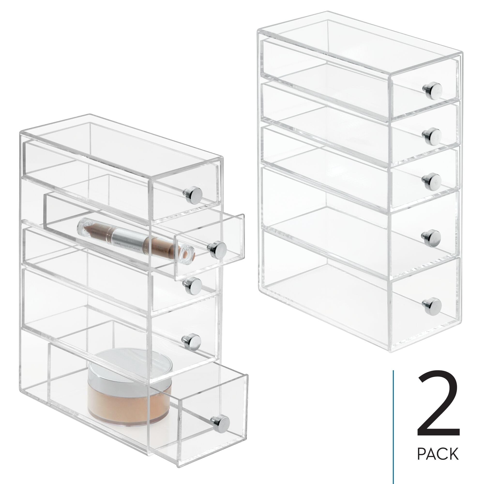 InterDesign iDesign Stackable Makeup Organizer for Bathroom Countertop or Vanity-Set of 2-Clear Tower-5 Drawer M2
