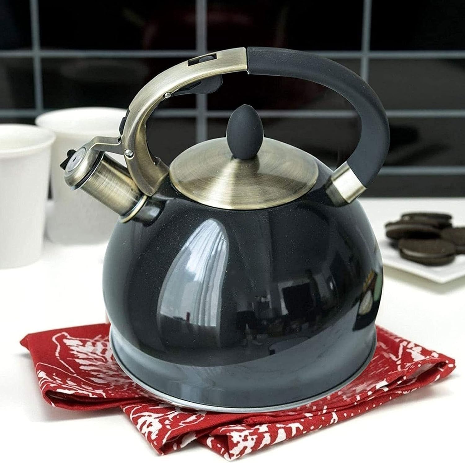 3L Tea Kettle Camping Coffee Pot,Black Red White Whistling Stainless Stovetop,Ergonomic Electroplated Bronze Handle, Heavy Duty for Stove Top black-3L (Black 3L)