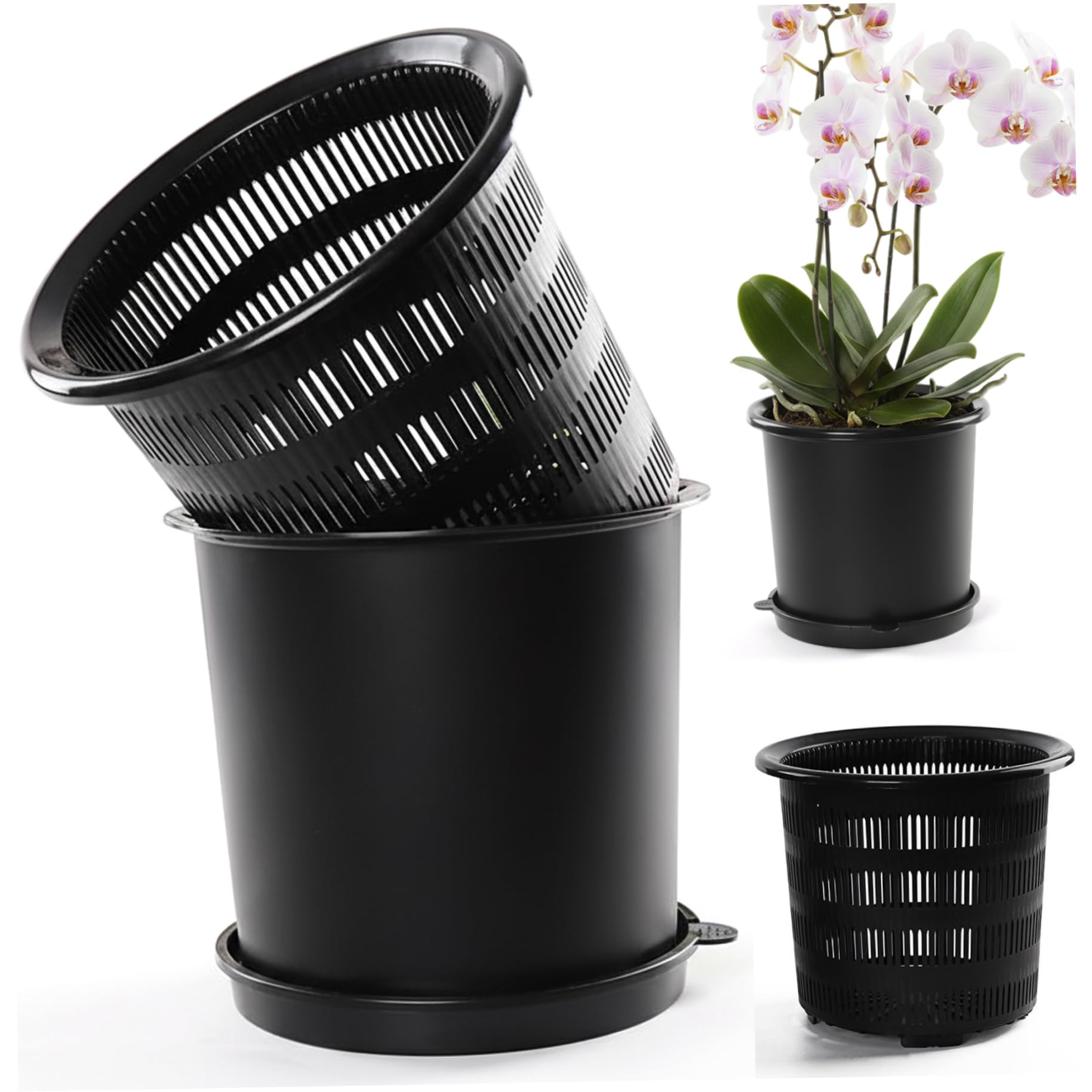 Faroby Orchid Pots with Holes and Saucers 6" Double Layer Resin Planter for Repotting Herbs
