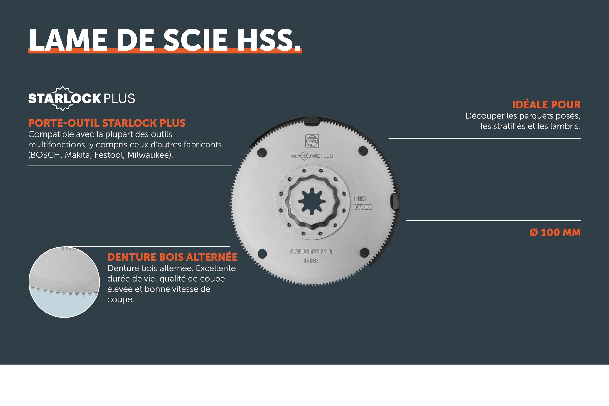 FEIN Lame de scie HSS Ø 100 mm, Porte-outil StarlockPlus, Bi-métal pour une durée de vie élevée, Denture bois alternée, qualité de coupe élevée, et bonne vitesse de coupe