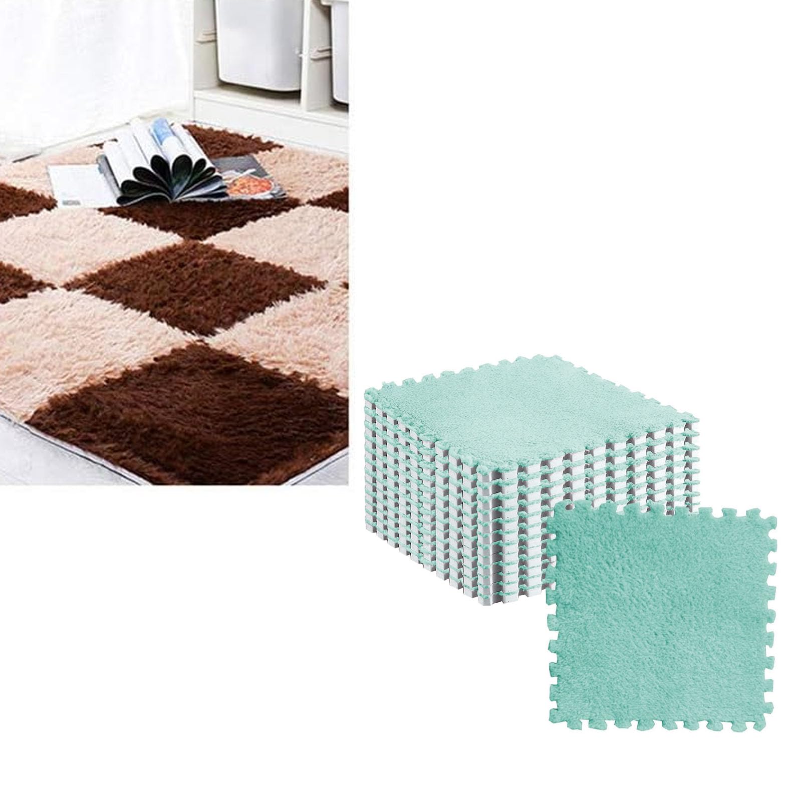 Tapis de Sol en Mousse, Puzzle en Peluche, Carreaux Moelleux, Découpables, Antidérapants, à Emboîtement, 10 Pièces (Menthe Verte)