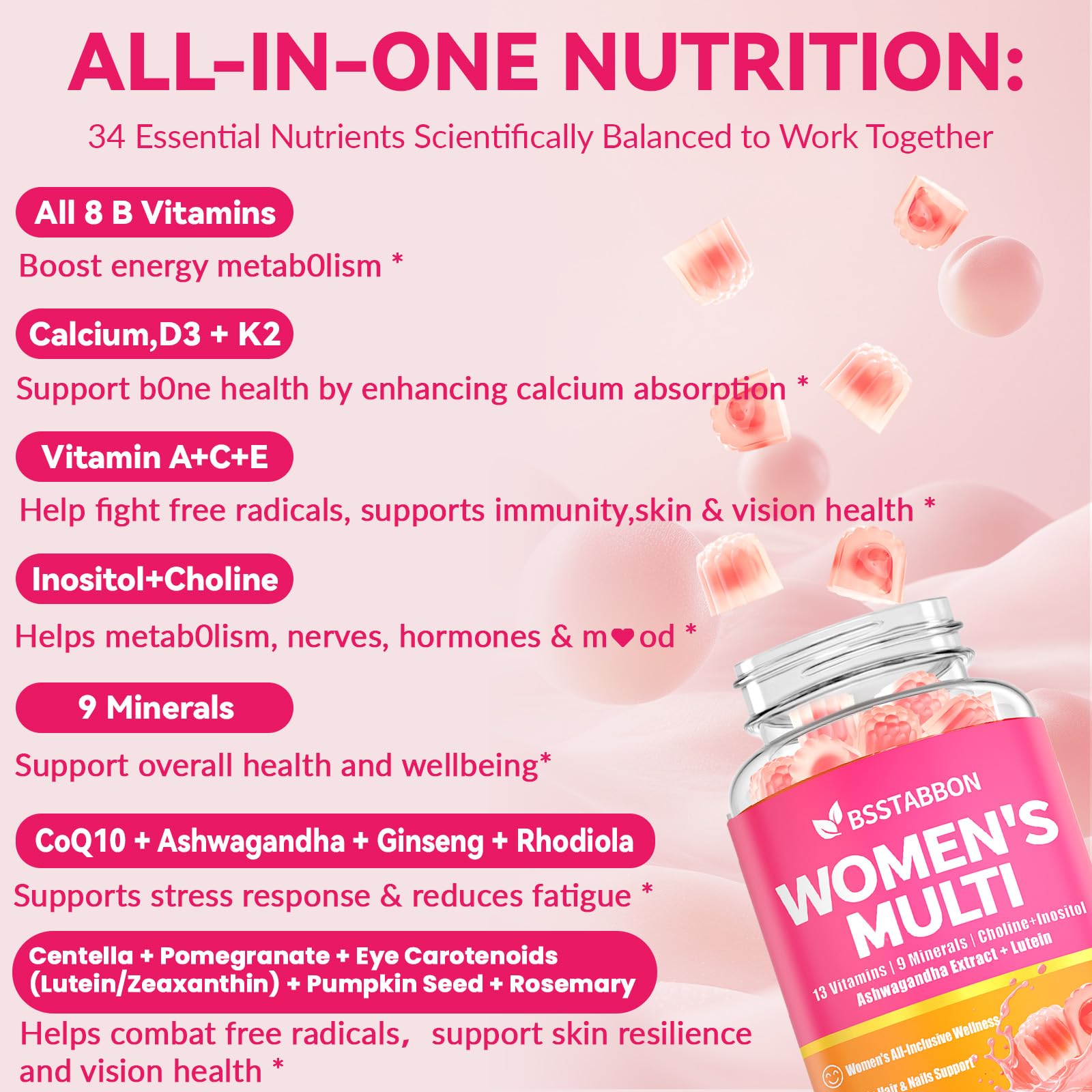 Organic Women's Multivitamin Gummies: Vegan Vitamin Supplement with Iron B12 D3 Biotin Magnesium Plus Ashwagandha for Hair Skin Health Boost Energy - Sugar Free Methylated Gummy(120Count)