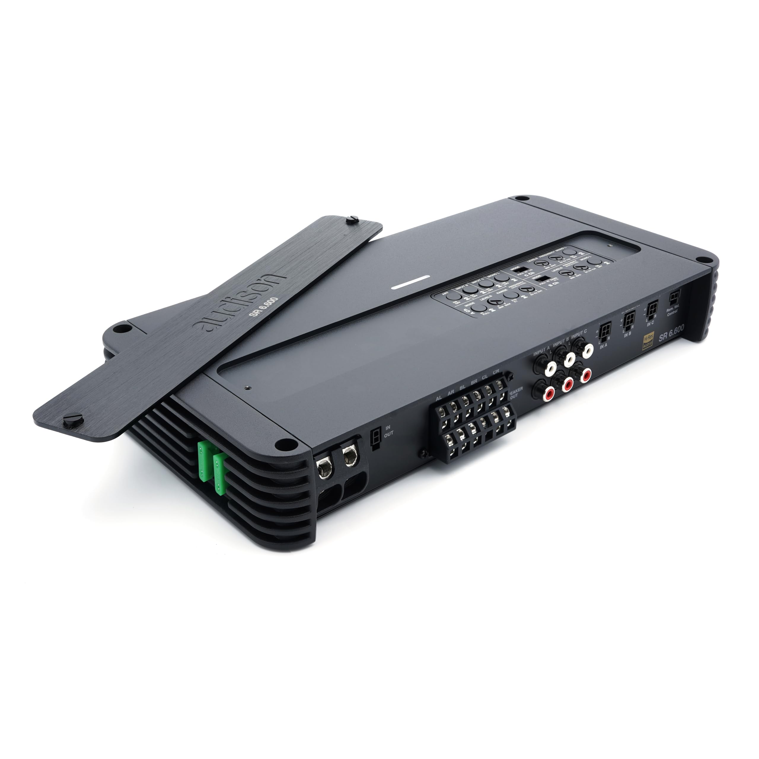 Audison SR 6.600 - Amplificatore a 6 canali in Classe D per auto, configurazione 4x140W + 2x185W su 2 ohm, ideale per sistemi attivi multivia ad alta efficienza