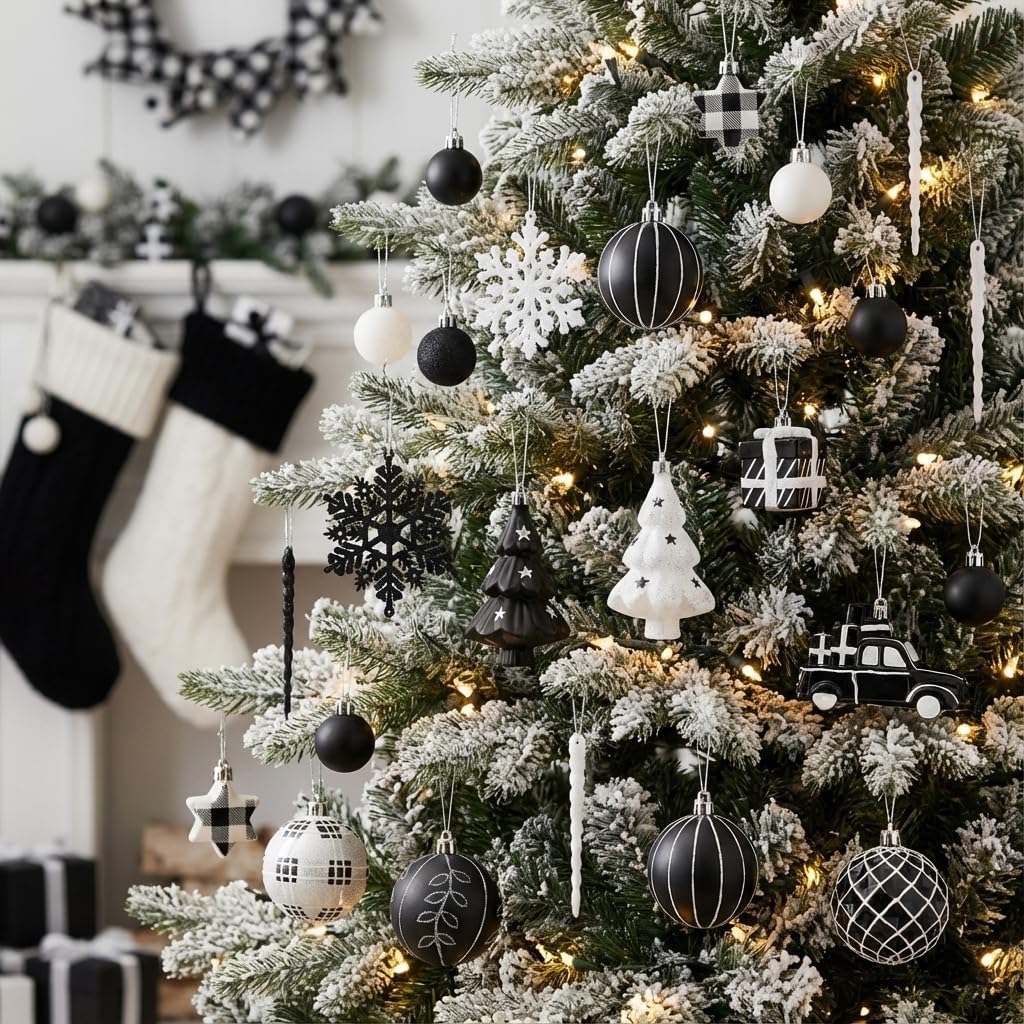 Valery Madelyn Christmas Tree Ornaments Set, 70ct Black and White Shatterproof Christmas Tree Decorations Bulk, Variety Modern Decorative Hanging Ball Ornaments for Xmas Trees Holiday Decor
