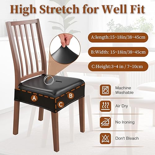 Miniatura 6 de Juego de 4 fundas de asiento impermeables para sillas de comedor, fundas de asiento de cocina de cuero, resistentes a las manchas, fundas elásticas
