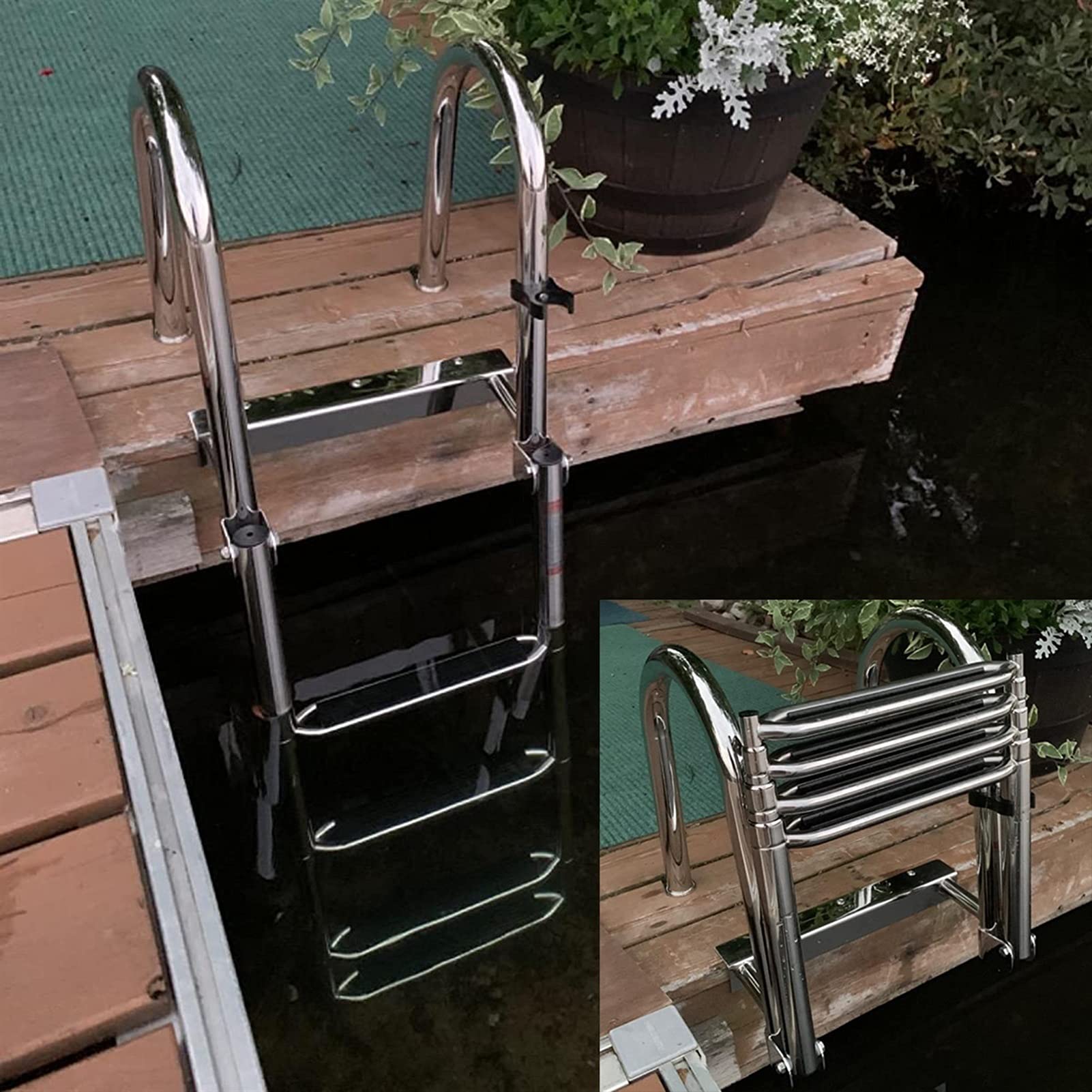 Échelles de Bateau Ponton Pliables en 4 marches, échelles de Pont de Bain télescopiques en Acier Inoxydable, Support d'entrée arrière, avec Main Courante et marches Extra Larges
