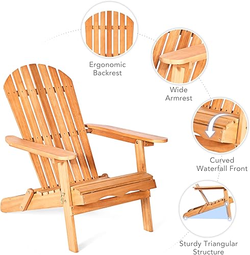 Miniatura 7 de HAPPYGRILL Silla Adirondack de madera de eucalipto de 2 piezas, silla tumbona plegable para porche, terraza, patio, piscina y patio trasero