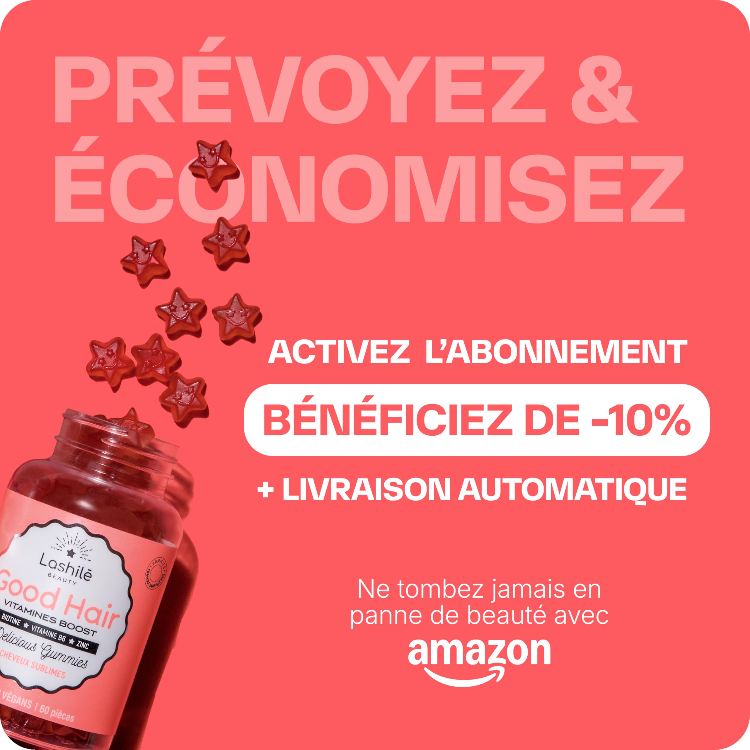 Lashilé Beauty Good Hair – Gummies Cheveux Pousse & Croissance – Complément Alimentaire Cheveux Fortifiants – Biotine, Zinc, Prêle – Vegan, Sans Sucres – Made in France – Cure 1 Mois, 60 Gummies