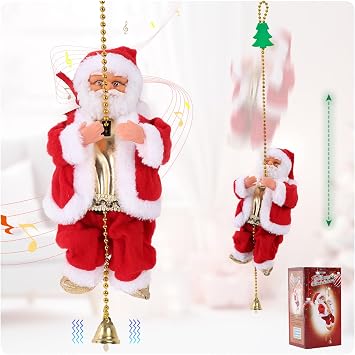 Musical Animated Climbing Santa Claus on Rope, Moving Up-and-Down Santa Figure for Indoor Christmas Decorations, Father Christmas Hanging Ornament