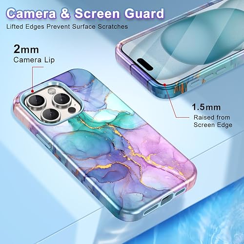 Miniatura 4 de Btscase Funda para iPhone 15 Pro de 6.1 pulgadas (2023), patrón de mármol 3 en 1, resistente a prueba de golpes, cuerpo completo, policarbonato