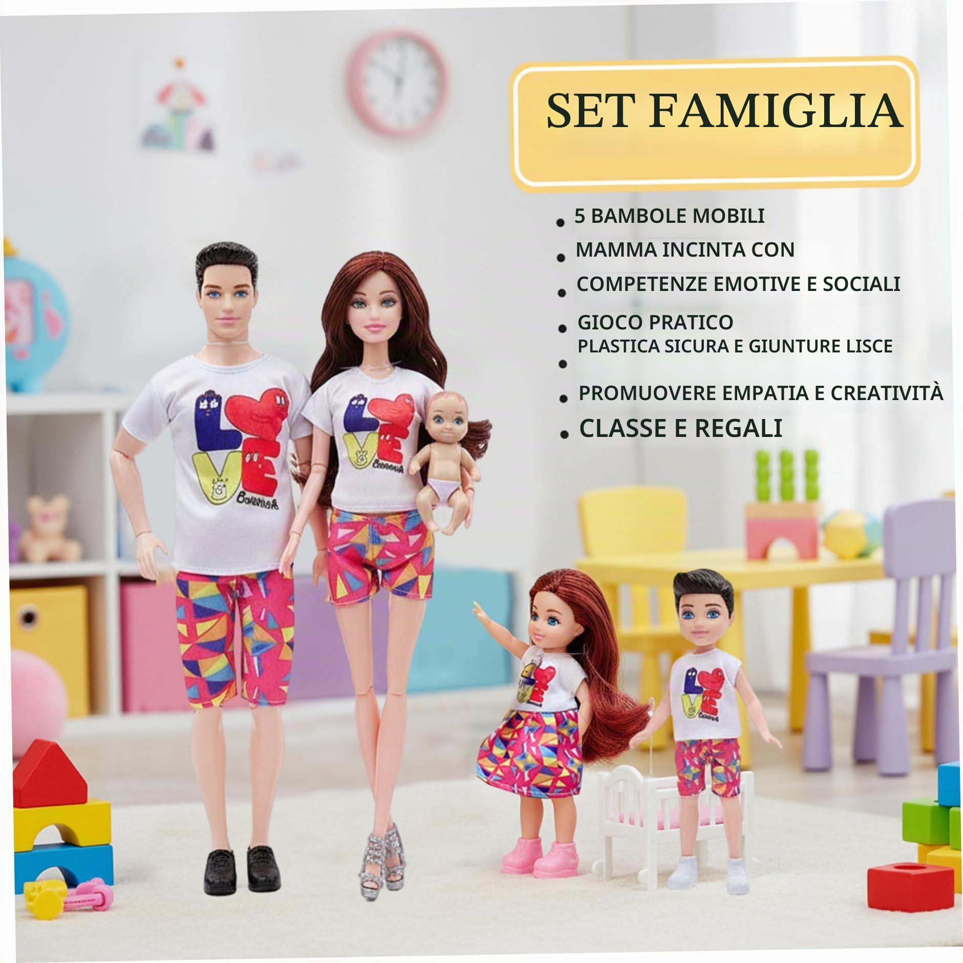 Jorzer Bambola di famiglia, bambola incinta con articolazioni mobili con bambino nella pancia, set di 5 papà e 2 bambini per l'educazione e accessori per la casa delle bambole, giocattoli giochi.