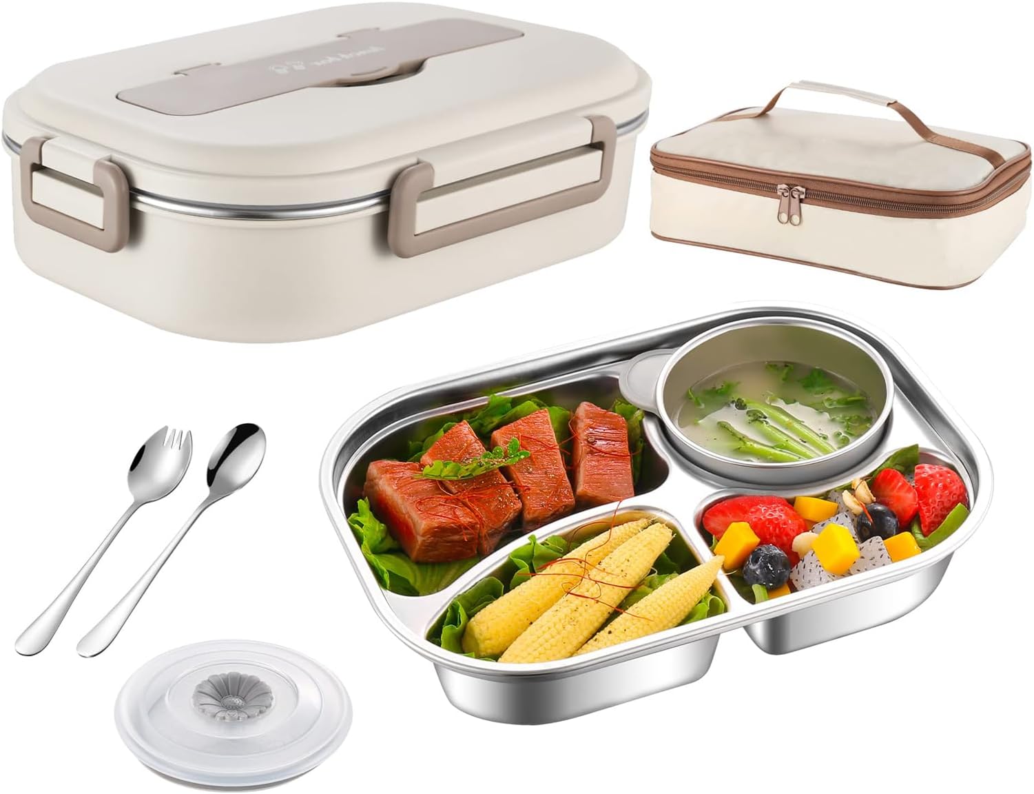 Bento Box, Stainless Steel Lunch Versatile 4-Compartment Portable Box Container, Salad for Adults/Children (with Soup Bowl, Spoon, Fork, Insulated Bag Accessories)