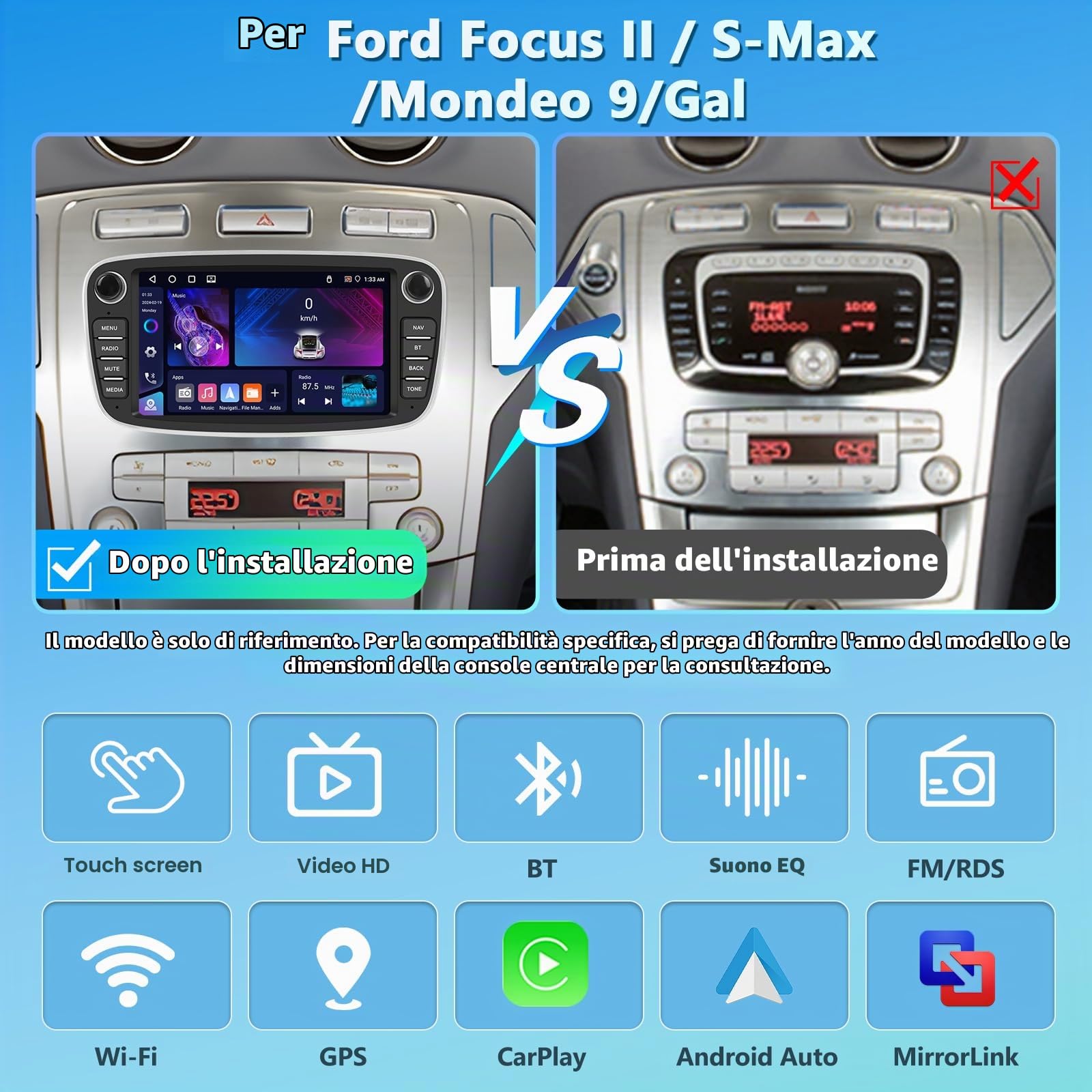 4GB+64GB Autoradio per Ford Focus II/S-MAX/MONDEO 9/GAL con Wireless Carplay, Audio Bluetooth Touchscreen da 7 Pollici con Navigazione GPS/Collegamento a Specchio/WIFI/EQ/RDS/HiFi + Telecamera