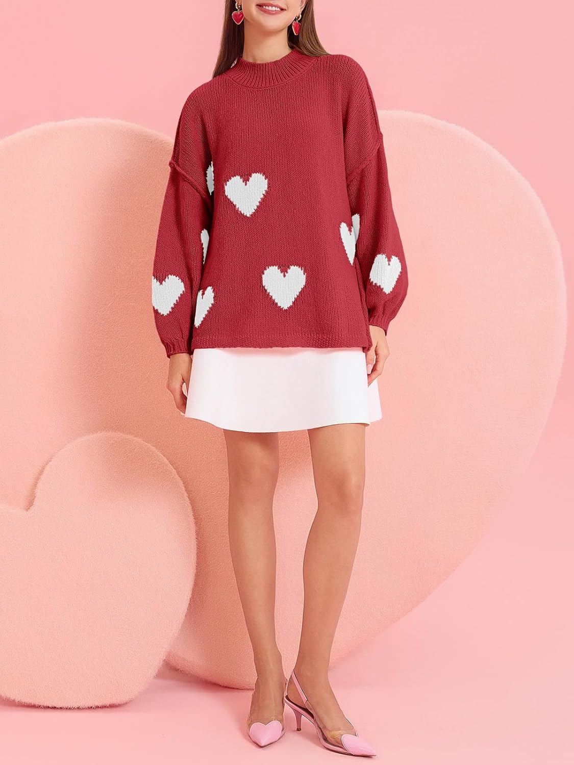 Saodimallsu Womens Oversized Heart Sweater Valentines Cute Mock Neck Chunky Knit Long Sleeve Tunic Sweaters - Image 6