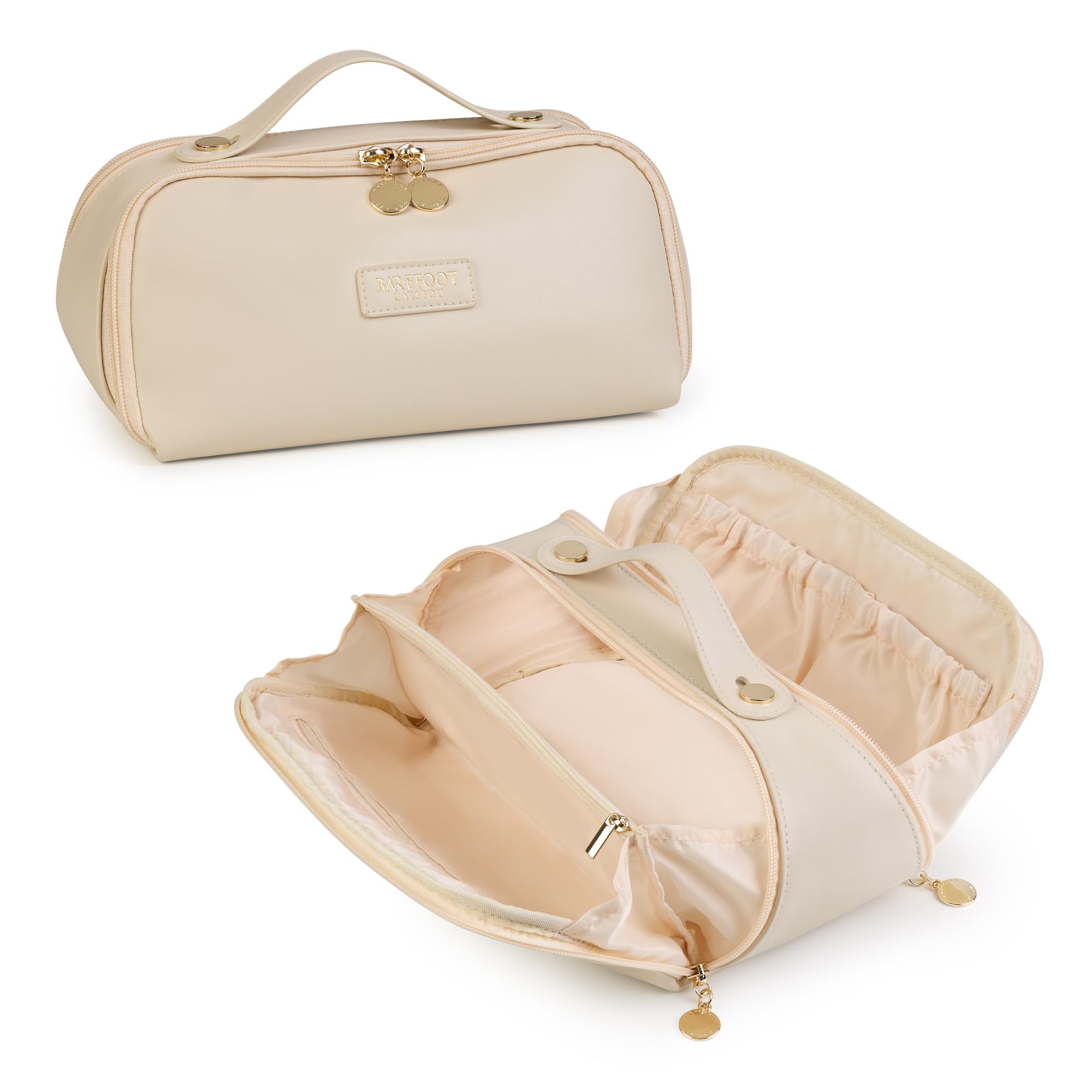 Travel Makeup Bag and Cosmetic Organizer for Women, with Multiple Pockets, Wide Open Design, Large Brush Pocket, Compact and Portable Storage Bag for Travel Accessories and Beauty Essentials (Ivory)