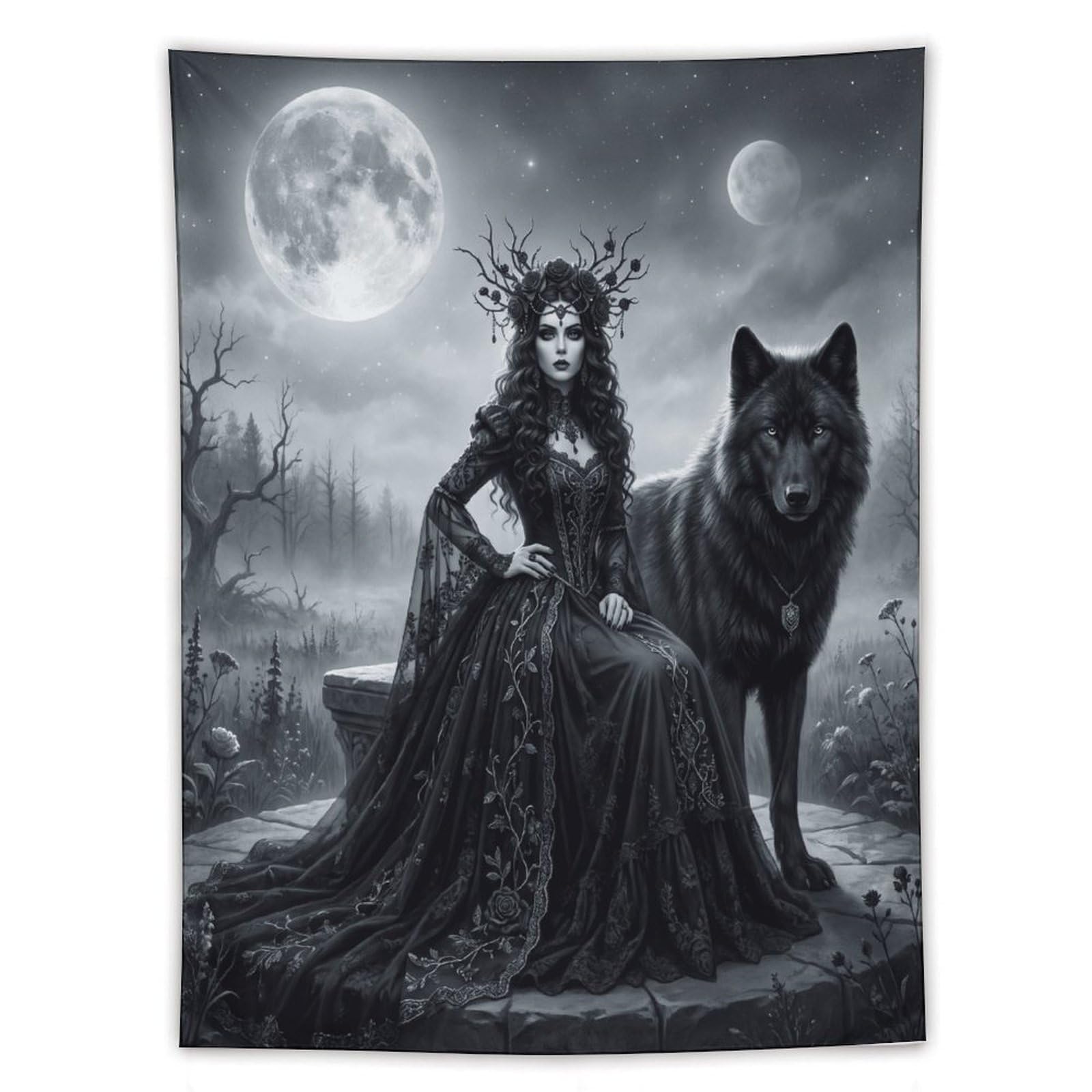 W7C8U2X3 Snowy Wolf Queen Wall Tapestry, Realistic Illustration, Office