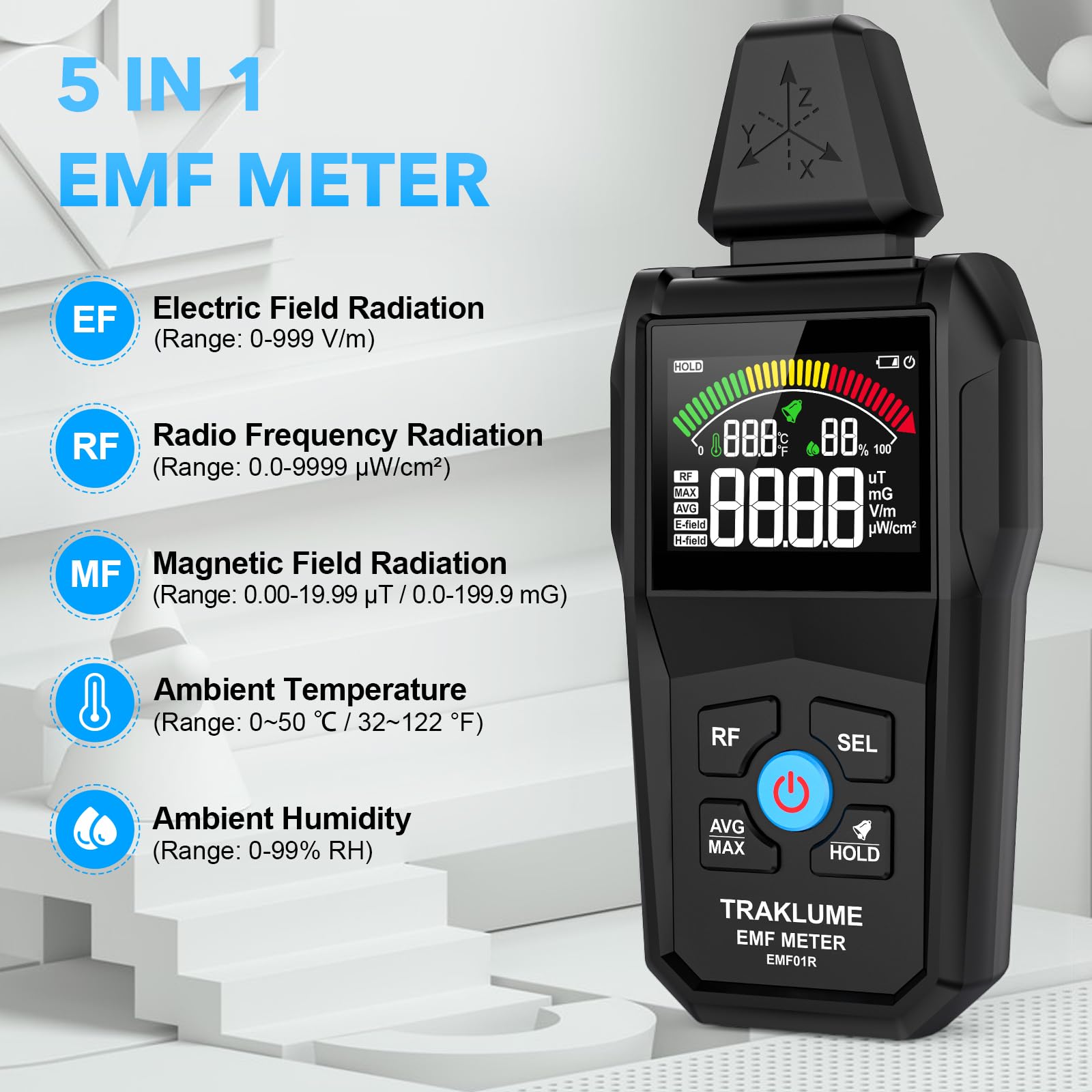 EMF Detector medidor de radiación para el hogar lector digital EMF para radiofrecuencia 5 en 1 medidor EMF para radiaciones electromagnéticas probador EMF para teléfono celular equipo de caza