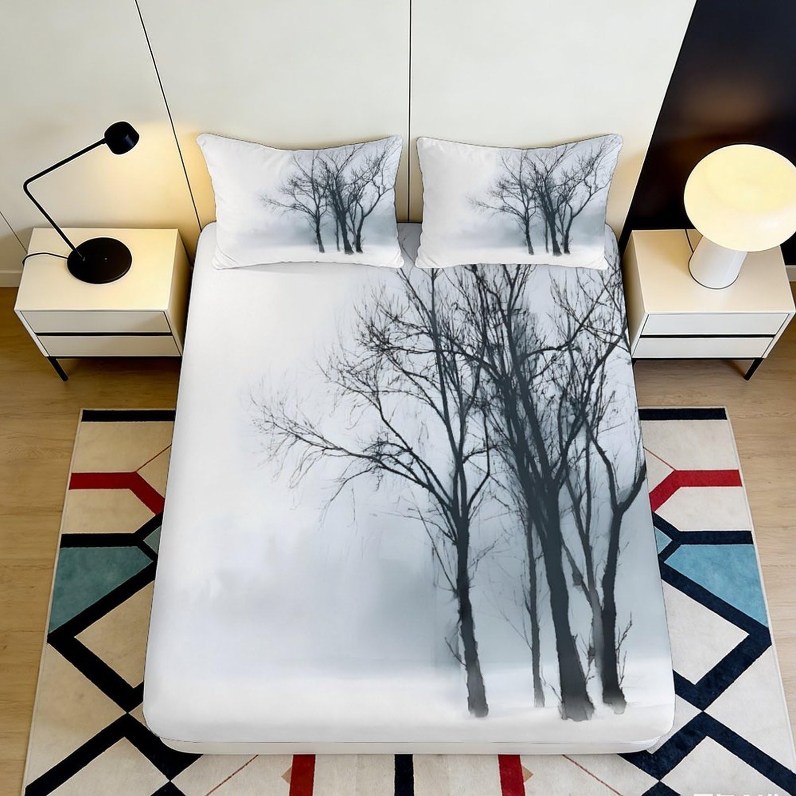 3D Printed Bare Tree Fitted Sheet Microfiber Soft Breathable Winter Forest Bed Cover for Bedroom Dormitory Guest Room Mattress Protection Decor 120x200x25cm
