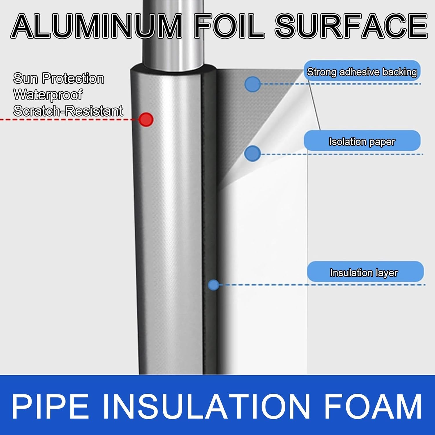 Foam Pipe Insulation, Water Pipe Insulation Foam Tube, Self Adhesive Aluminum Foil for Winter Freeze Protection Insulation for Tubing Outdoor Water Tube Protection(43mm(1-7/10"))