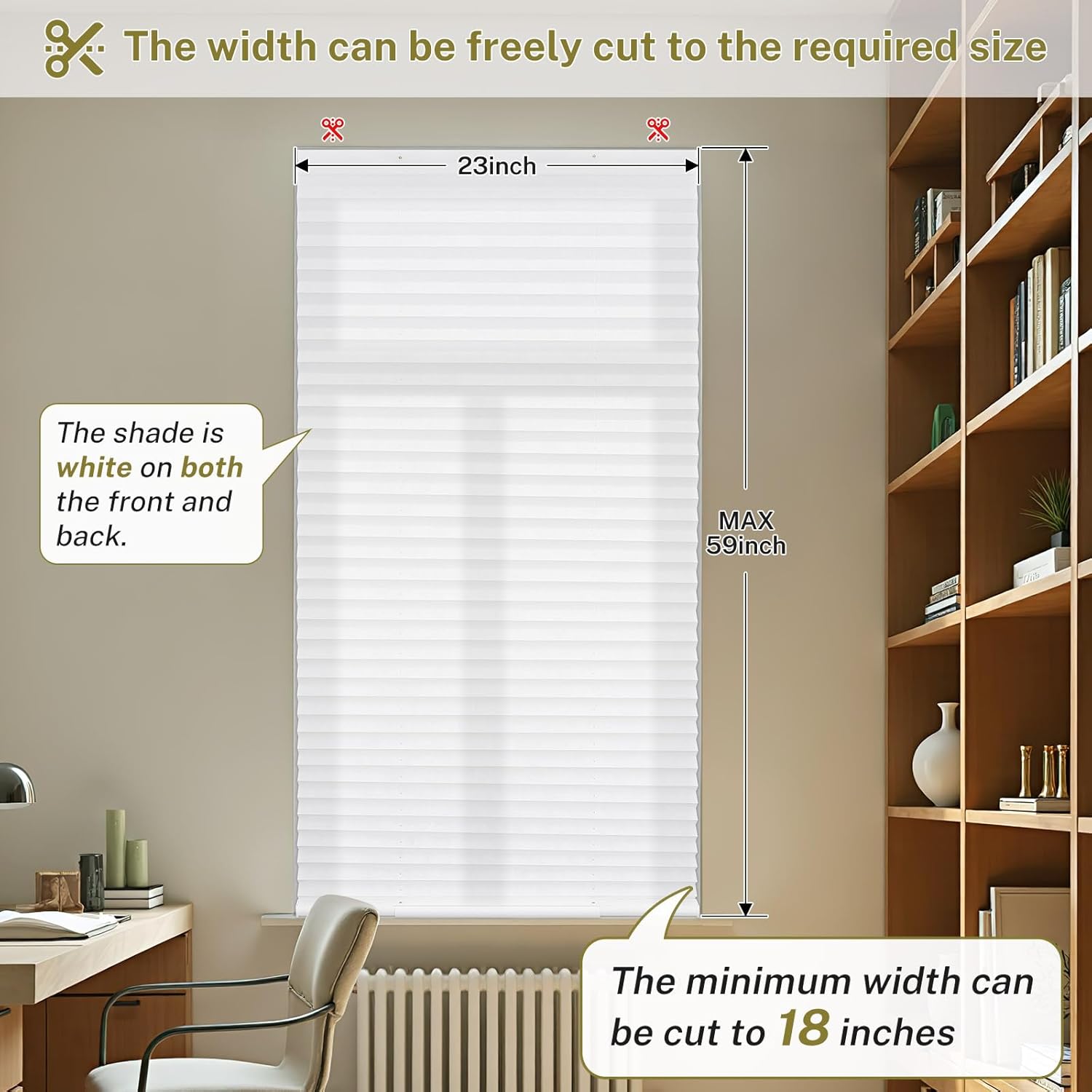 Cordless Pleated Window Shades No Drill Cut to Size Pleated Blinds Easy to Install Window Blinds for Windows Doors (Light Filtering White, 23 1/2" W x 59" H, 1Pack)