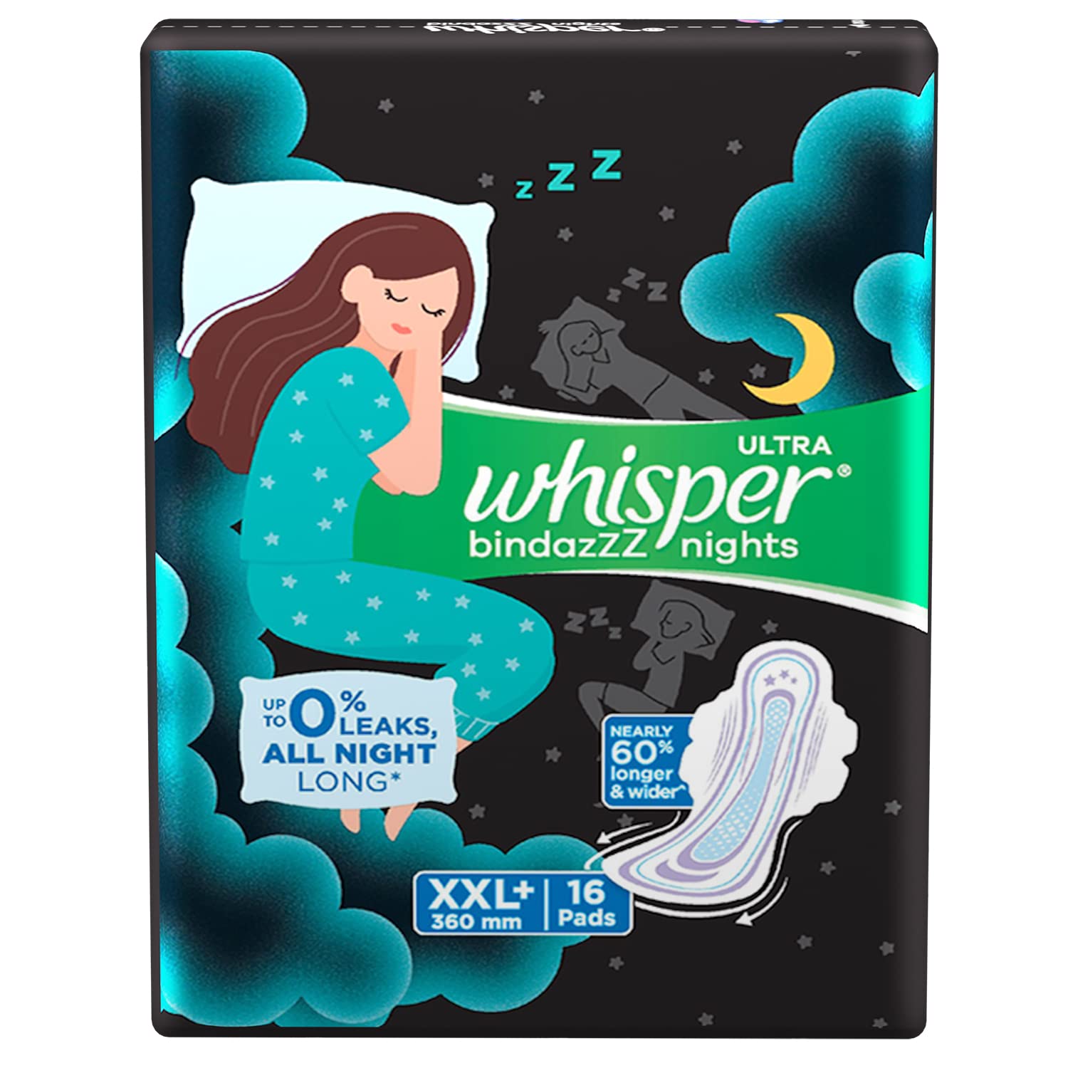 Buy Whisper Bindazzz Night Sanitary PadsPack of 16 thin PadsXXL+upto