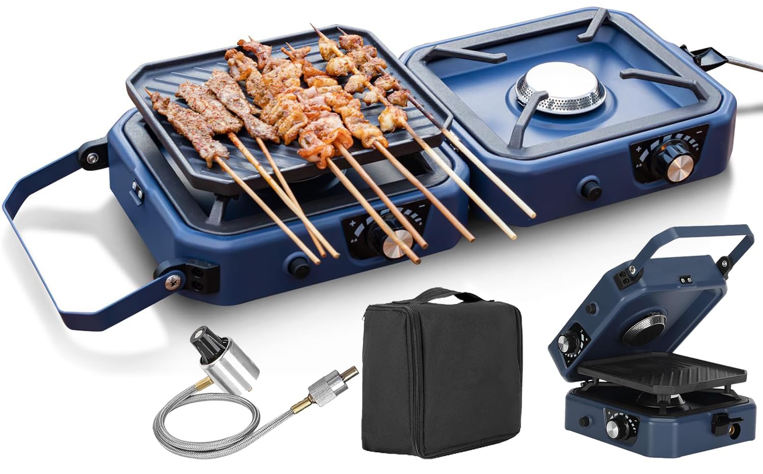 Estufa de camping de 2 quemadores portátil de gas, estufa de gas plegable con plancha, quemadores ajustables de 16000 BTU y encendido piezoeléctrico, estufa de gas para camping, estufa de cocina