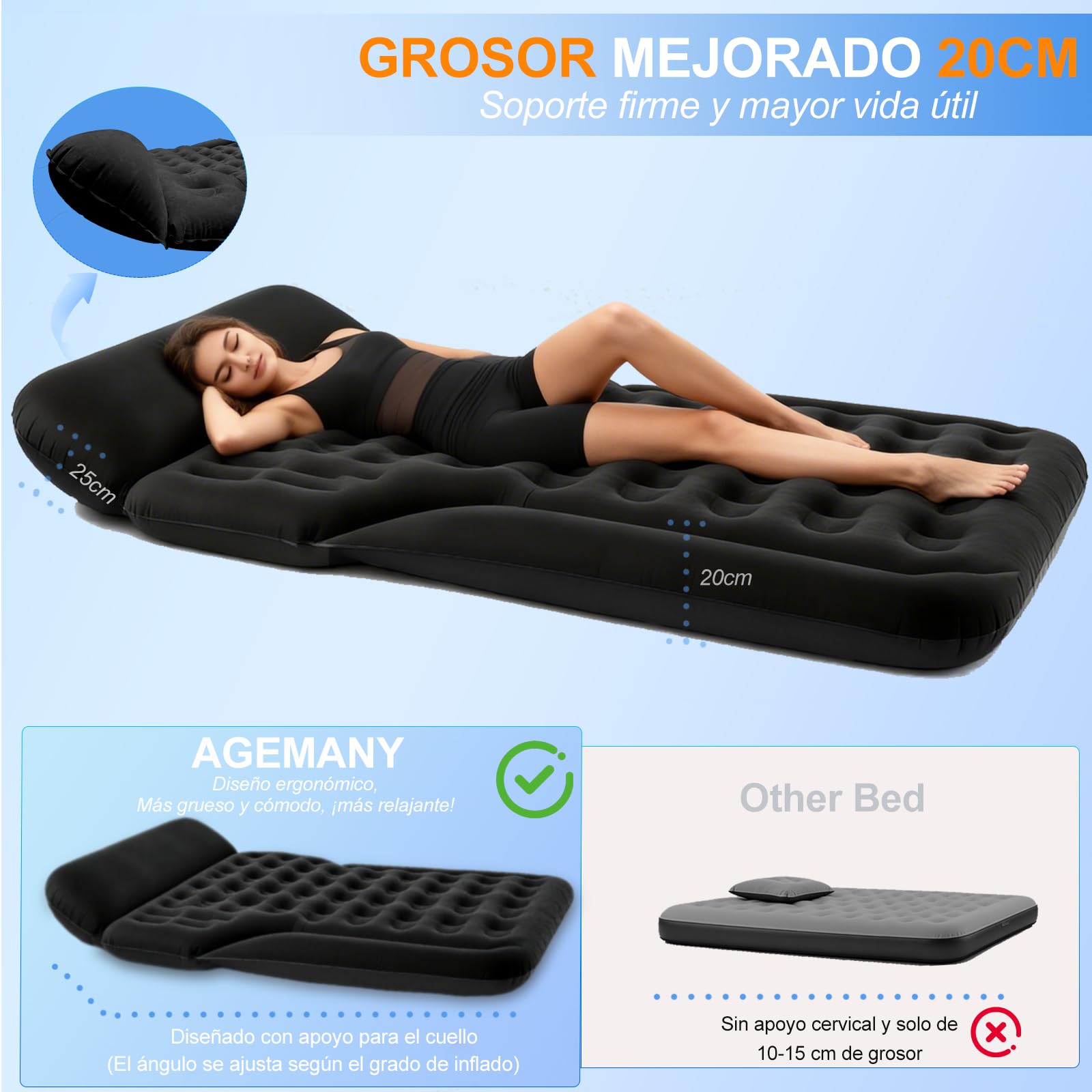 Colchón de Aire para Coche, 185x140cmx20cm SUV Cama Hinchable Coche con Bomba Aire y 2 Almohadas, Colchón Coche Hinchable para Maletero SUV Colchón de Aire Inflable para Viajes y Acampadas (Negro)