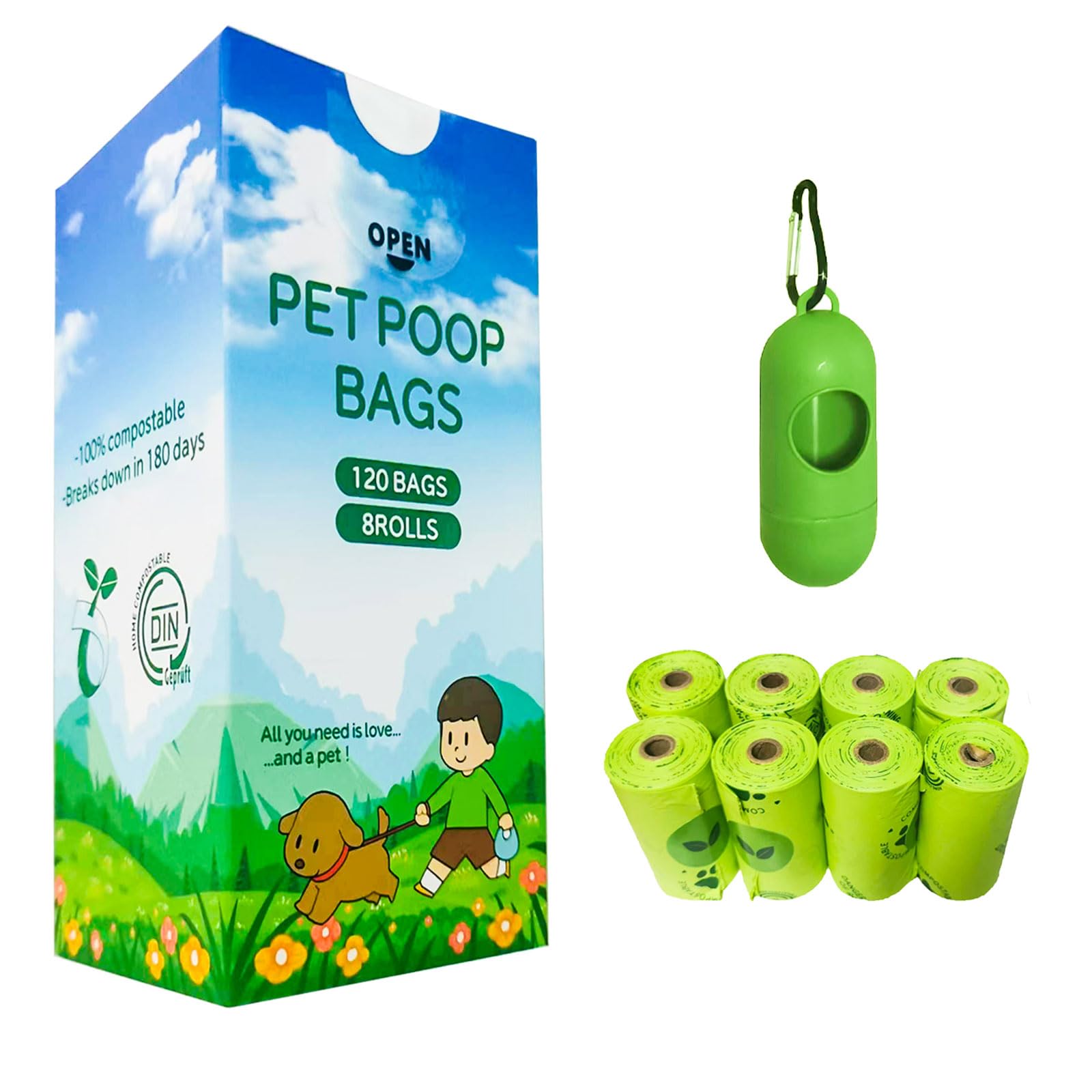 Pet Poop Bags,Unscented,Extra Thick,Leak Proof,8Rolls,120 Counts, with Metal Carabiner Dispenser