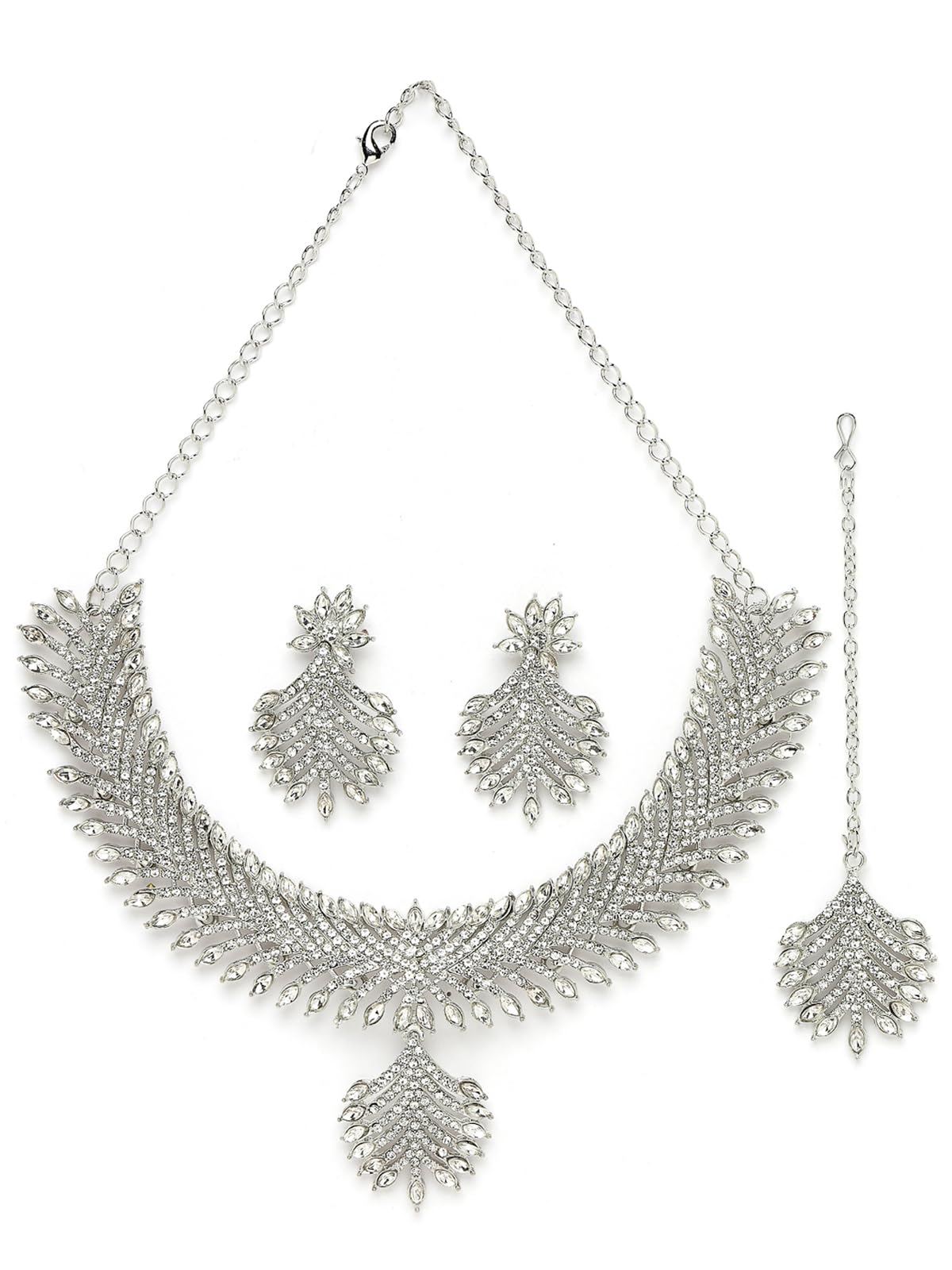 Sukkhi Stylish Rhodium Plated Silver AD White Stone Collar Bone Necklace Set With Earring And Maangtika | Jewellery Set For Women (NS105550) (B0CBBB4BYW) Amazon Price History, Amazon Price Tracker