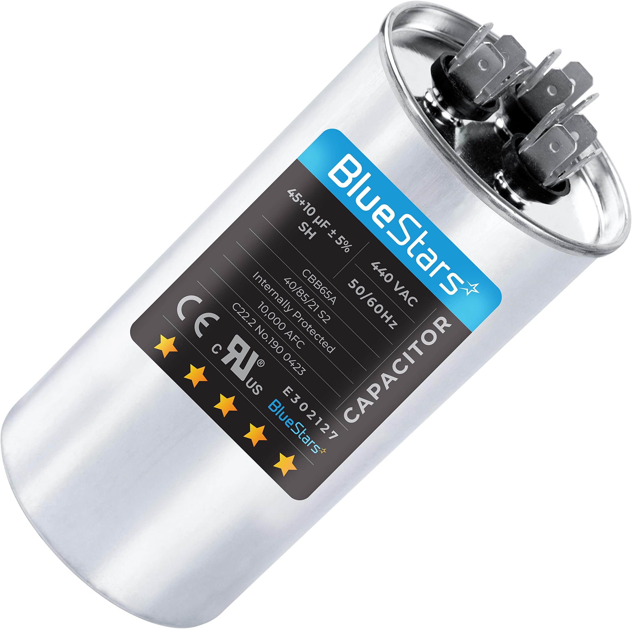 [UL Listed] BlueStars 45+10 uF 45/10 MFD ±5% 370 V or 440 VAC AC Dual Run Start Round Capacitor 50/60Hz CBB65 CBB65B - for Air ConditionerUnit Fan Motor Start or Condenser Straight Cool or Heat Pump