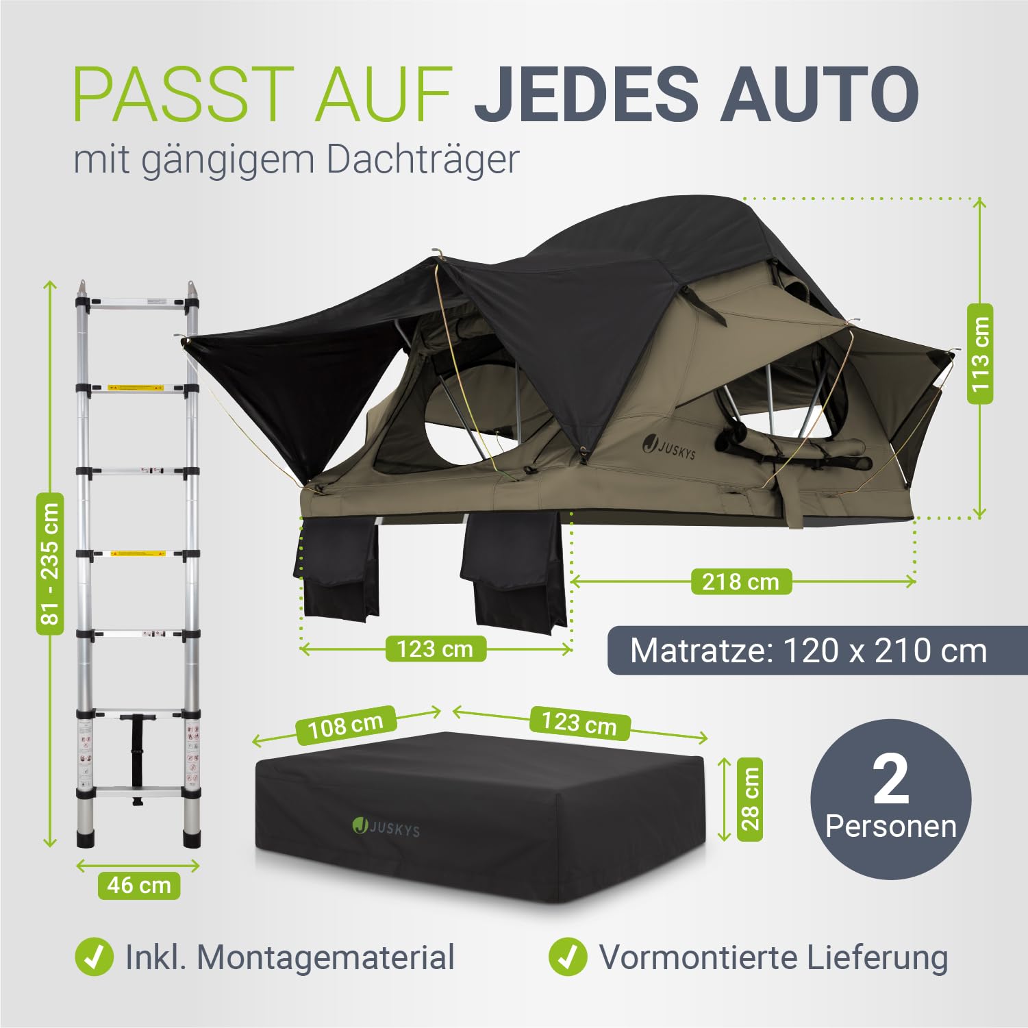Juskys Autodachzelt Lago - Robuste Konstruktion, wasserabweisend & UV-Schutz, Autodachzelt, Camping, LED-Beleuchtung