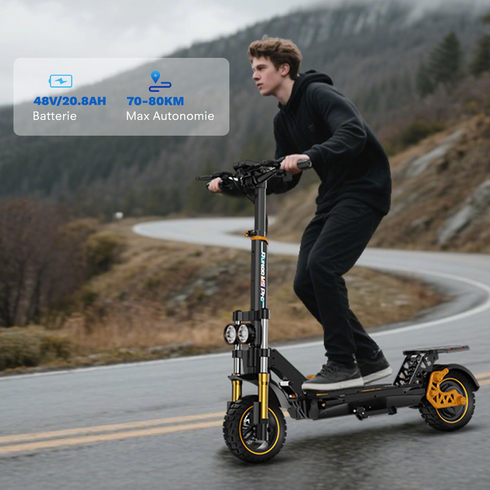Trottinette Électrique, Adulte Trottinette Pliable, Batterie 48v 20.8Ah, Autonomie Max 70-80KM, Pneus Tout-Terrain 11 Pouces, 3 Modes De Vitesse, Écran Intelligent