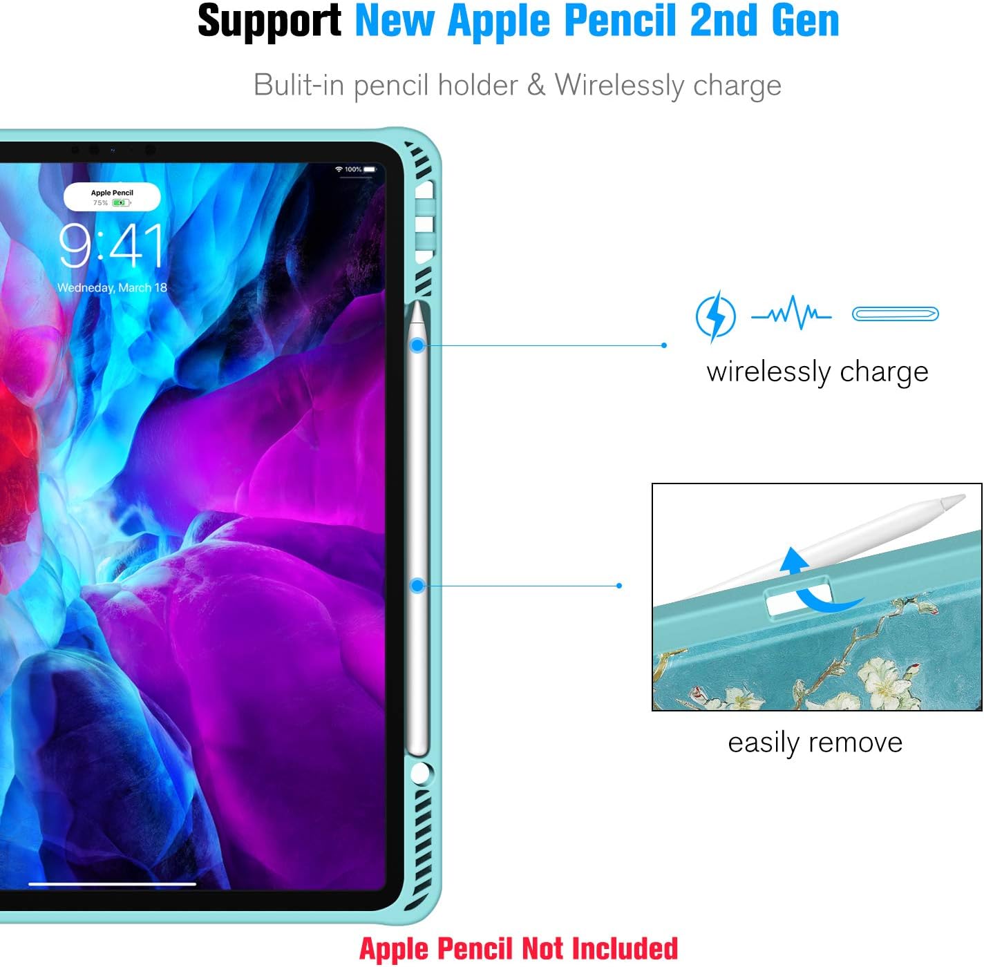 CaseBot Magnetic Stand Case for iPad Pro 12.9" 4th & 3rd Generation 2020/2018, [7 Secure Stand Angles] Shockproof Rugged Soft TPU Back Cover with Pencil Holder & Auto Wake/Sleep, Blossom
