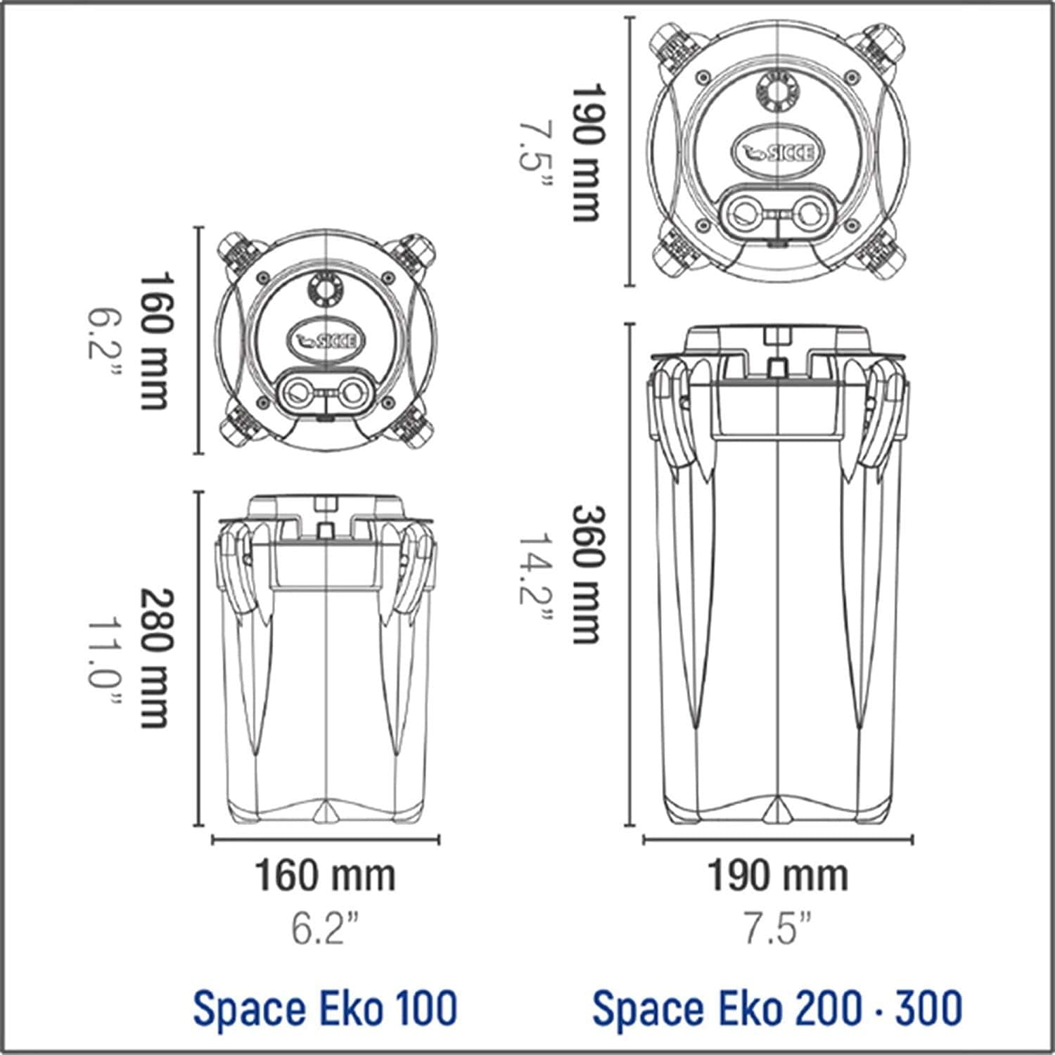 Diagram showing dimensions for Space EKO 100, 200, and 300 models