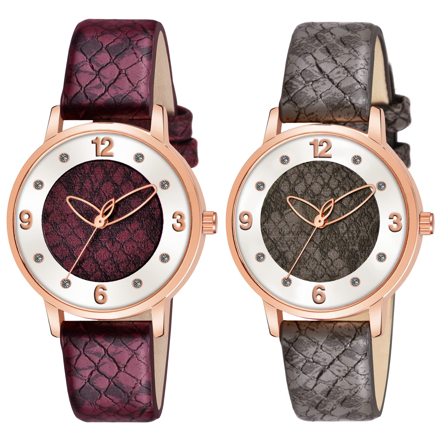 CLOUDWOOD Combo Pack of Analog Wrist Watch for Women's and Girls (Multicolor Dial Dark Brown & Maroon Colored Strap)